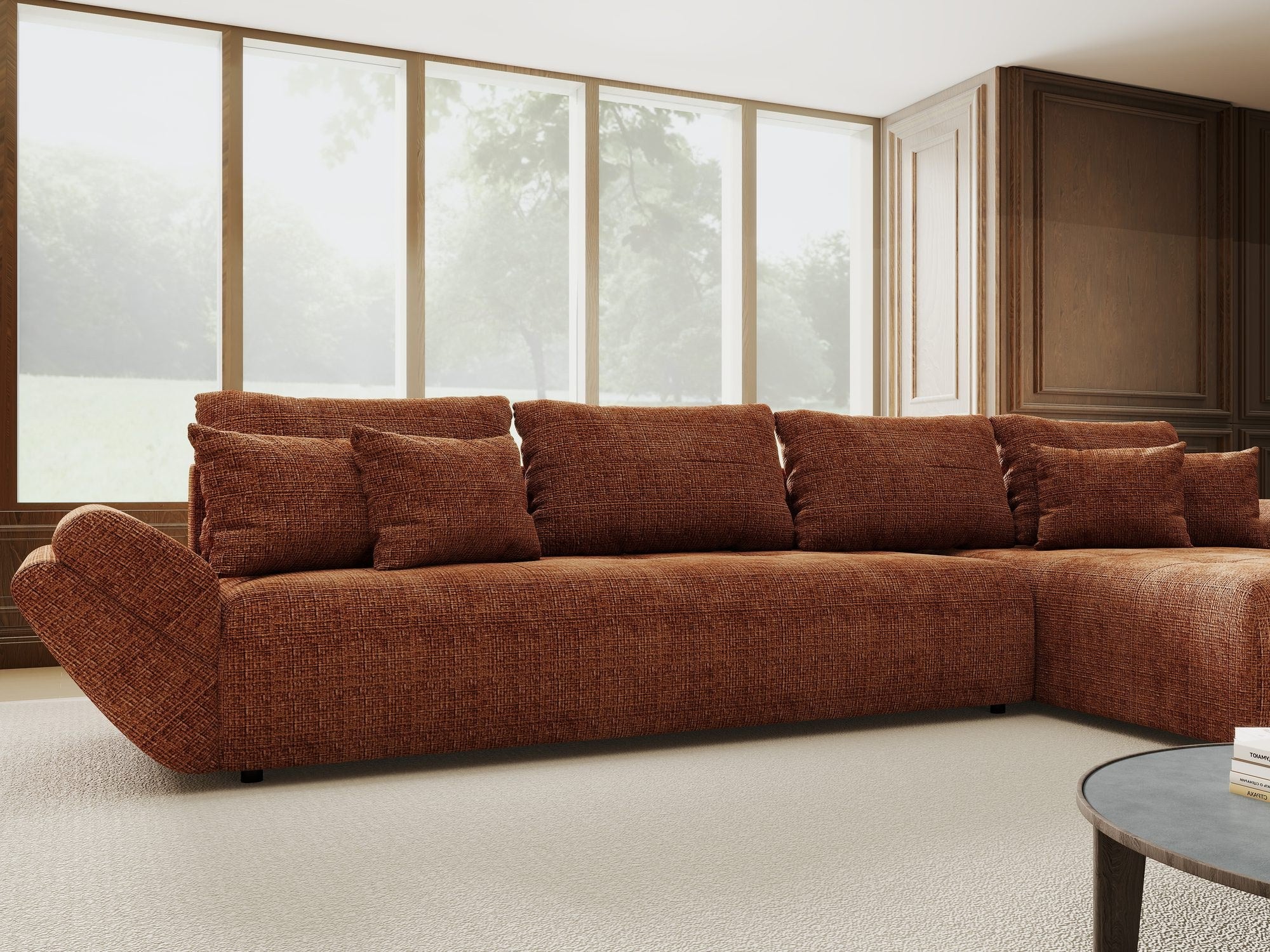Colțar extensibil dumonde cu ladă de depozitare si sezut confortabil din spuma high-density, Berlin XL Cremona Teracota 52 II 350x185 cm