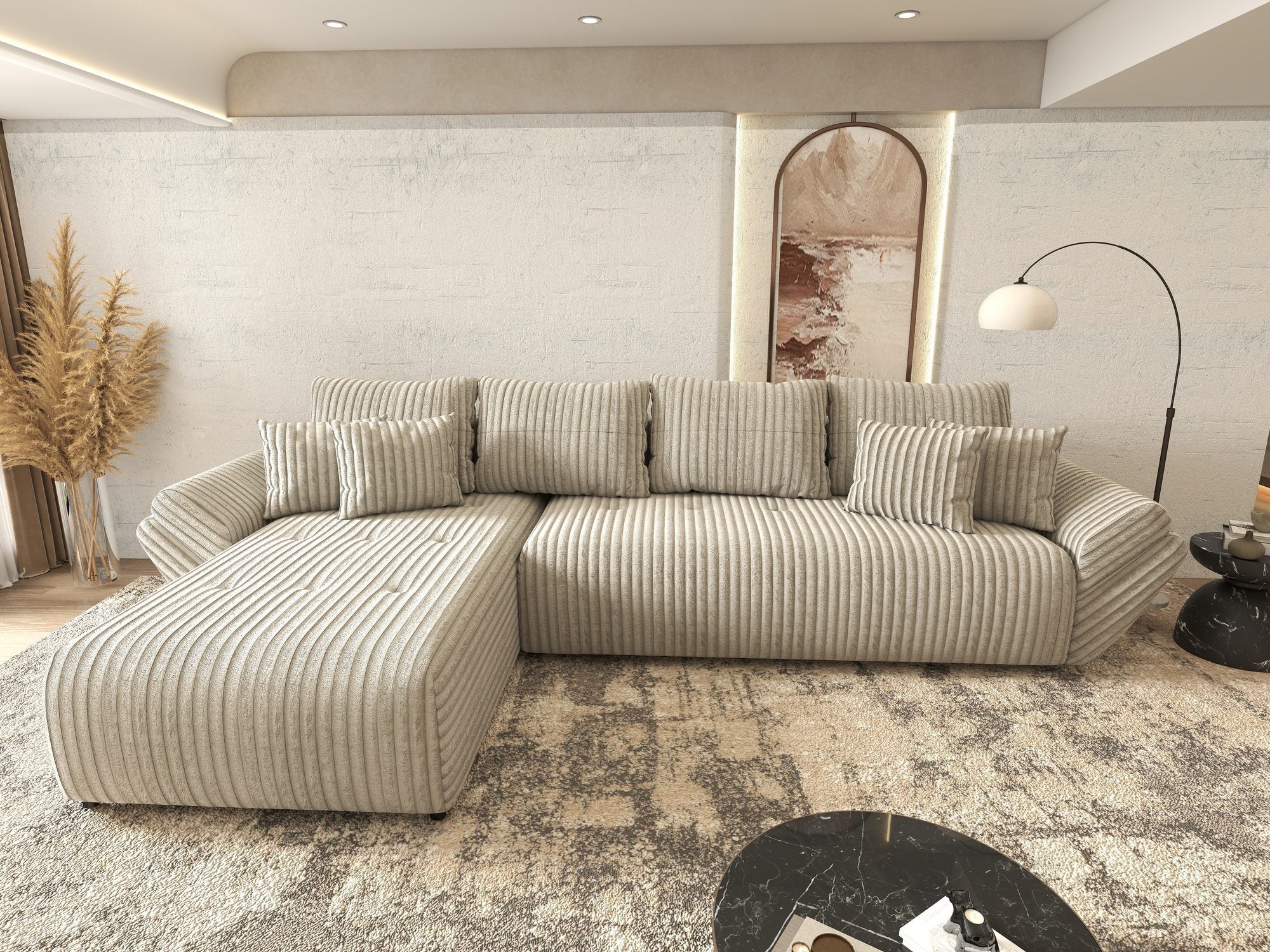 Colțar extensibil dumonde cu ladă de depozitare si sezut confortabil din spuma high-density, Berlin XL Tilia Gri- Bej 11 350x185 cm