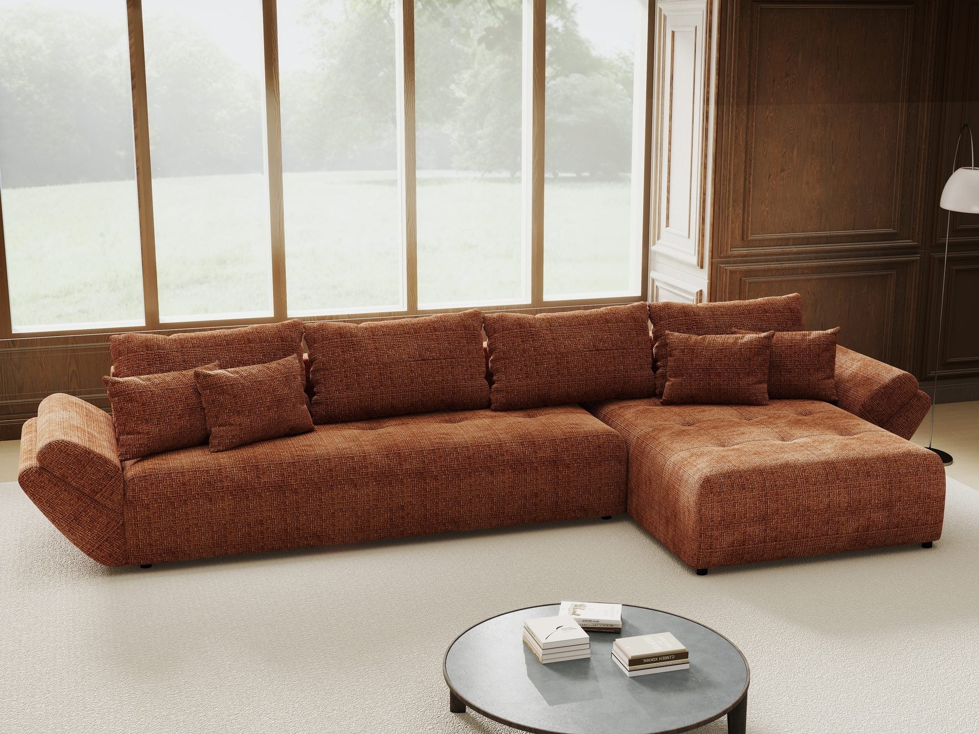 Colțar extensibil dumonde cu ladă de depozitare si sezut confortabil din spuma high-density, Berlin XL Cremona Teracota 52 II 350x185 cm