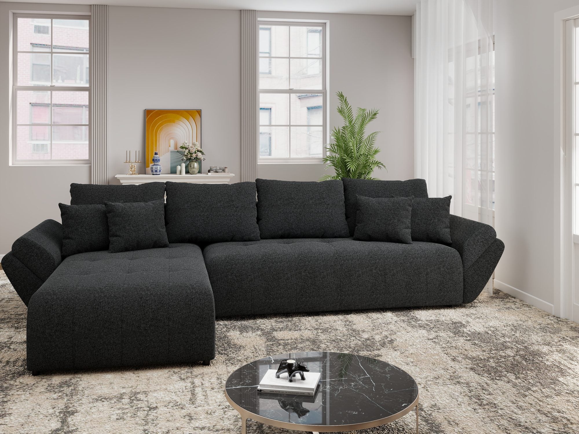 Colțar extensibil dumonde cu ladă de depozitare si sezut confortabil din spuma high-density, Berlin XL Monte Negru 99 350x185 cm