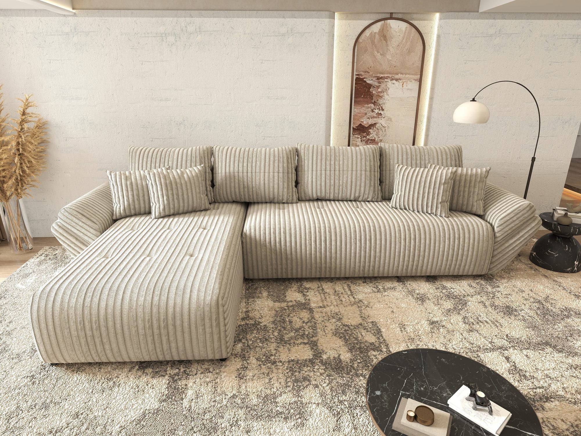 Colțar extensibil dumonde cu ladă de depozitare si sezut confortabil din spuma high-density, Berlin XL Tilia Gri- Bej 11 350x185 cm