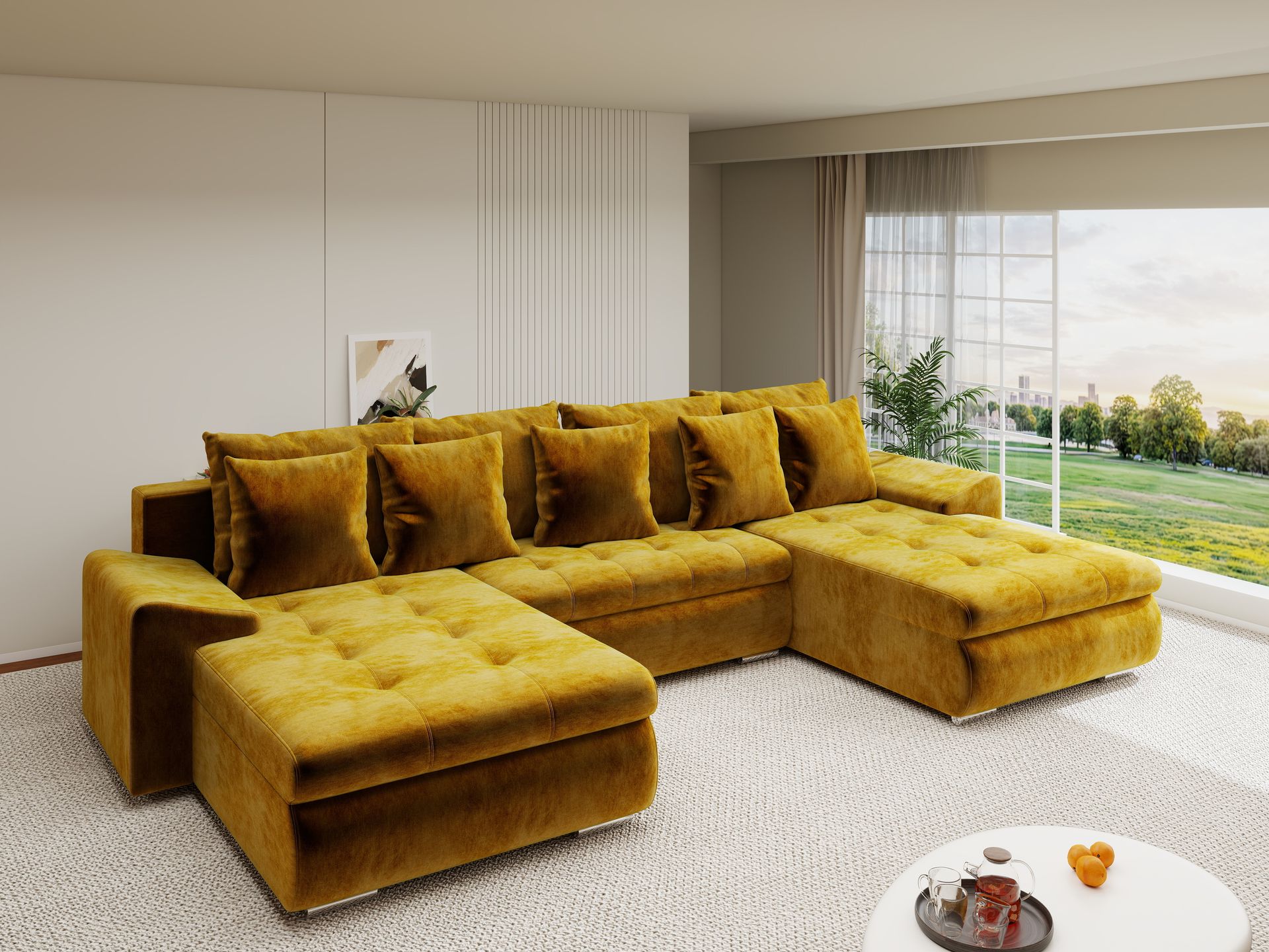 Colțar extensibil dumonde cu ladă de depozitare si sezut confortabil din spuma high-density, Leonardo U Monolith Mustar 48 360x185 cm