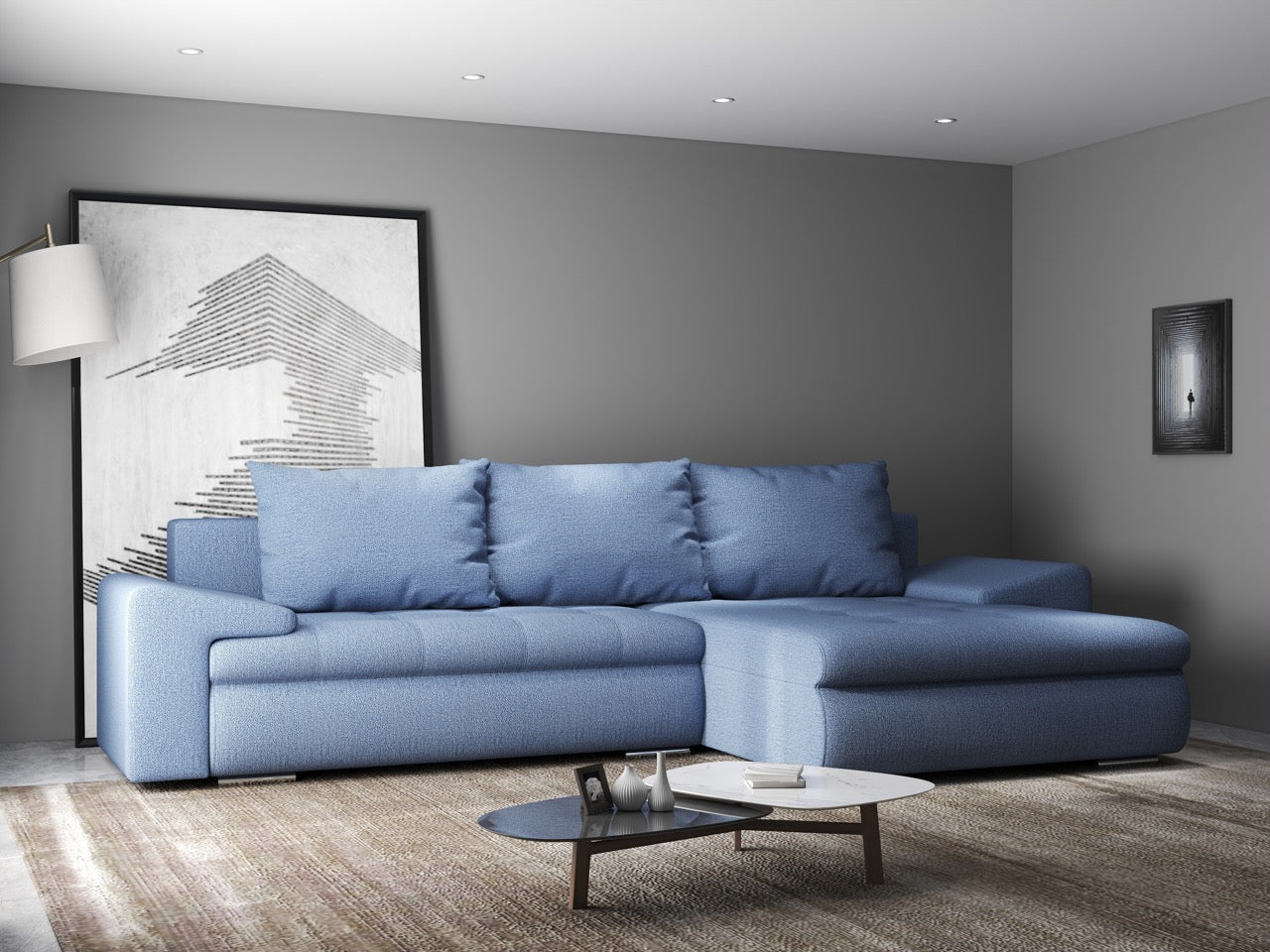 Colțar extensibil dumonde cu ladă de depozitare si sezut confortabil din spuma HR, Leonardo Enjoy Albastru 260x185 cm II Fabrica