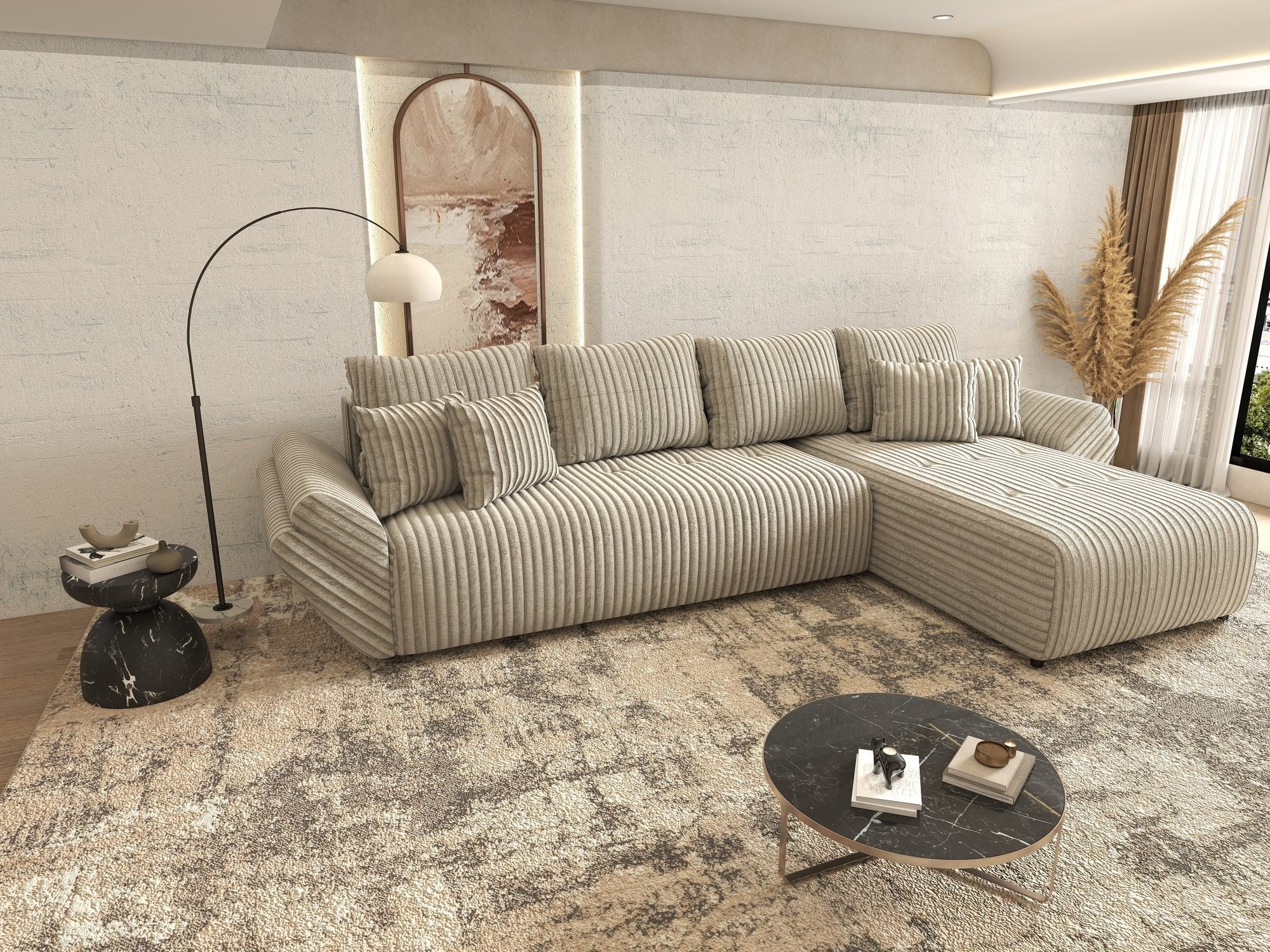 Colțar extensibil dumonde cu ladă de depozitare si sezut confortabil din spuma high-density, Berlin XL Tilia Gri- Bej 11 II 350x185 cm