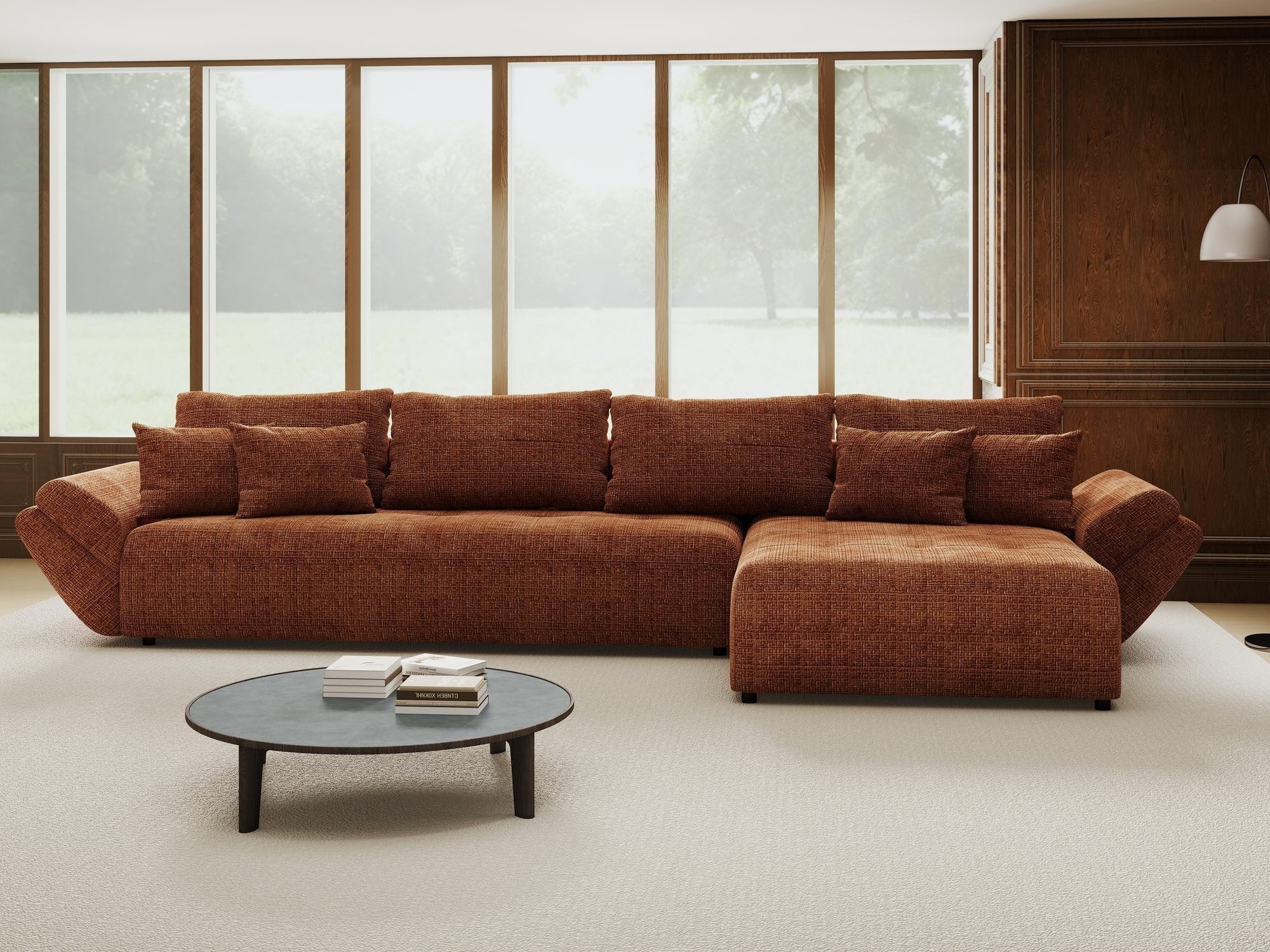 Colțar extensibil dumonde cu ladă de depozitare si sezut confortabil din spuma high-density, Berlin XL Cremona Teracota 52 II 350x185 cm