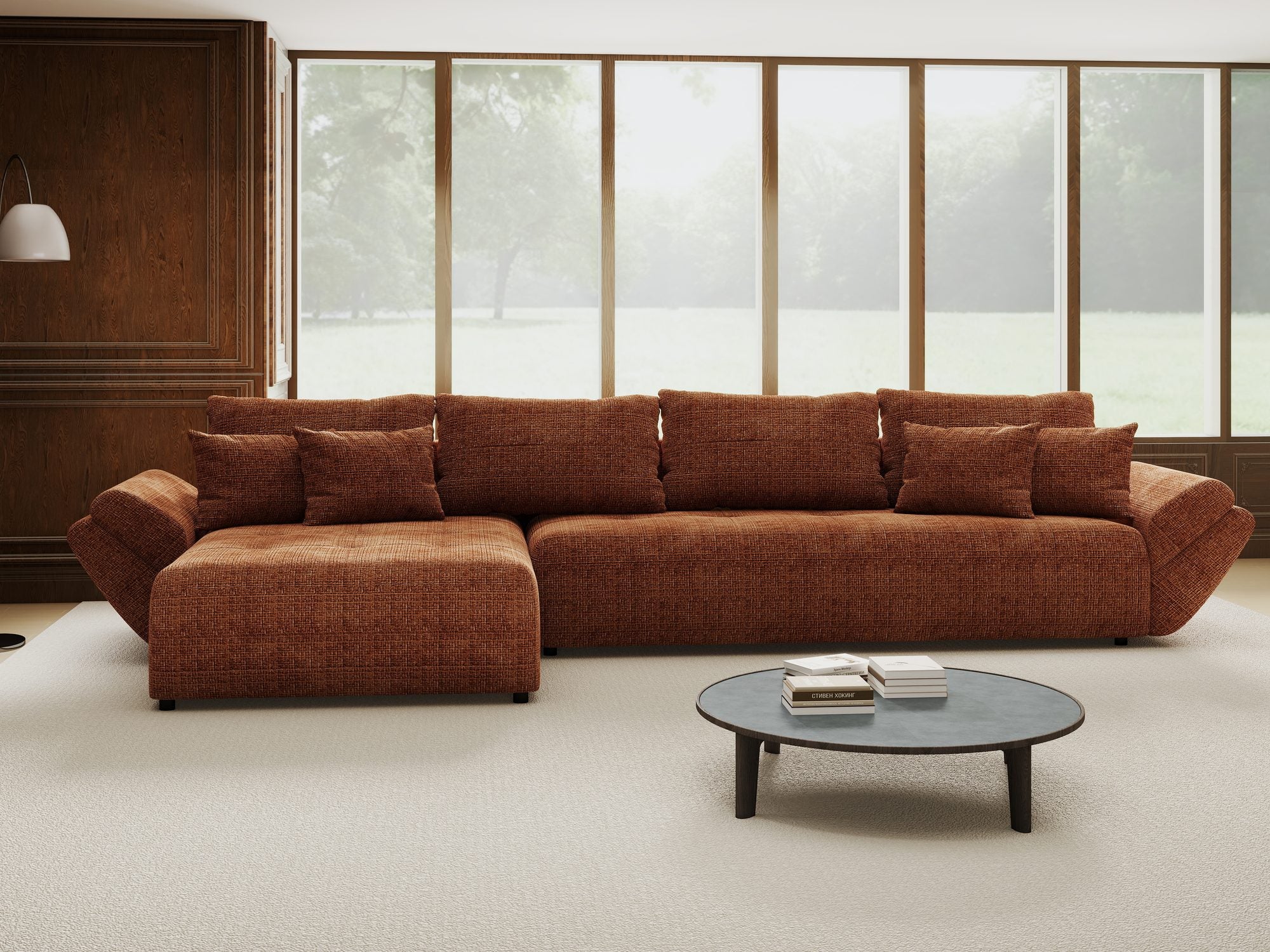 Colțar extensibil dumonde cu ladă de depozitare si sezut confortabil din spuma high-density, Berlin XL Cremona Teracota 52 350x185 cm