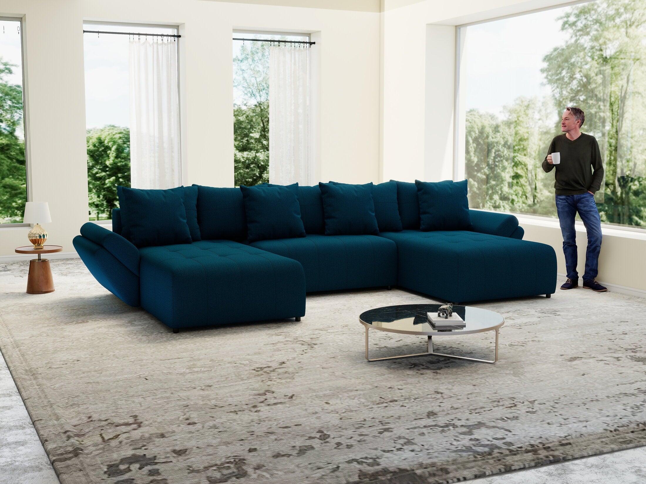 Colțar extensibil dumonde cu ladă de depozitare si sezut confortabil din spuma high-density, Berlin U Enjoy Petrol 400x185 cm