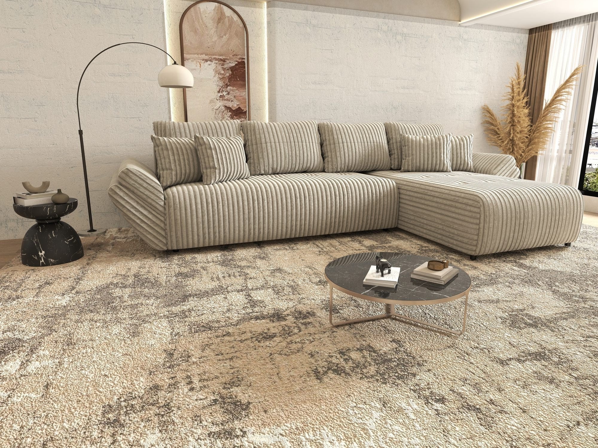 Colțar extensibil dumonde cu ladă de depozitare si sezut confortabil din spuma high-density, Berlin XL Tilia Gri- Bej 11 II 350x185 cm