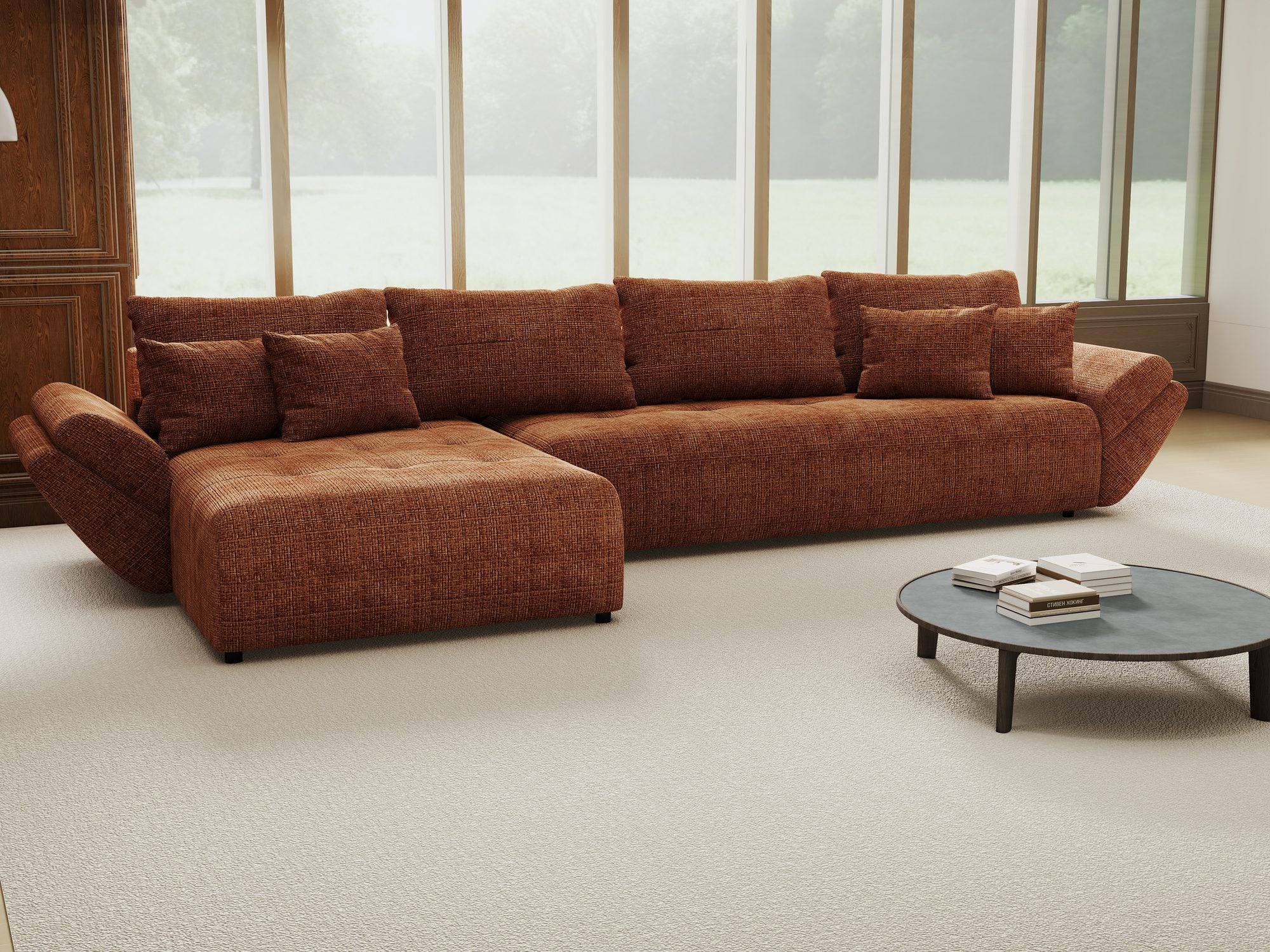 Colțar extensibil dumonde cu ladă de depozitare si sezut confortabil din spuma high-density, Berlin XL Cremona Teracota 52 350x185 cm