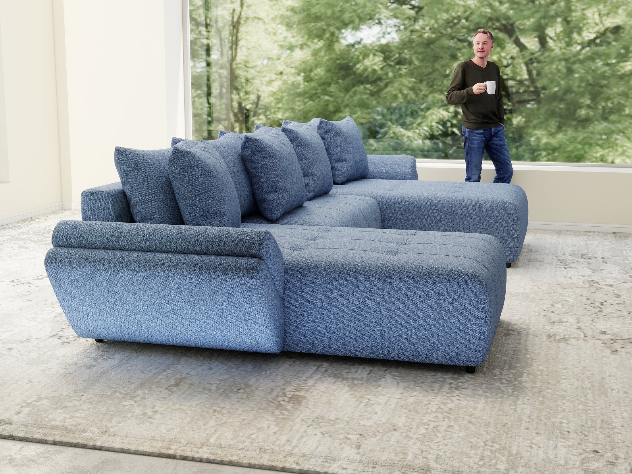 Colțar extensibil dumonde cu ladă de depozitare si sezut confortabil din spuma high-density, Berlin U Enjoy Blue 400x185 cm