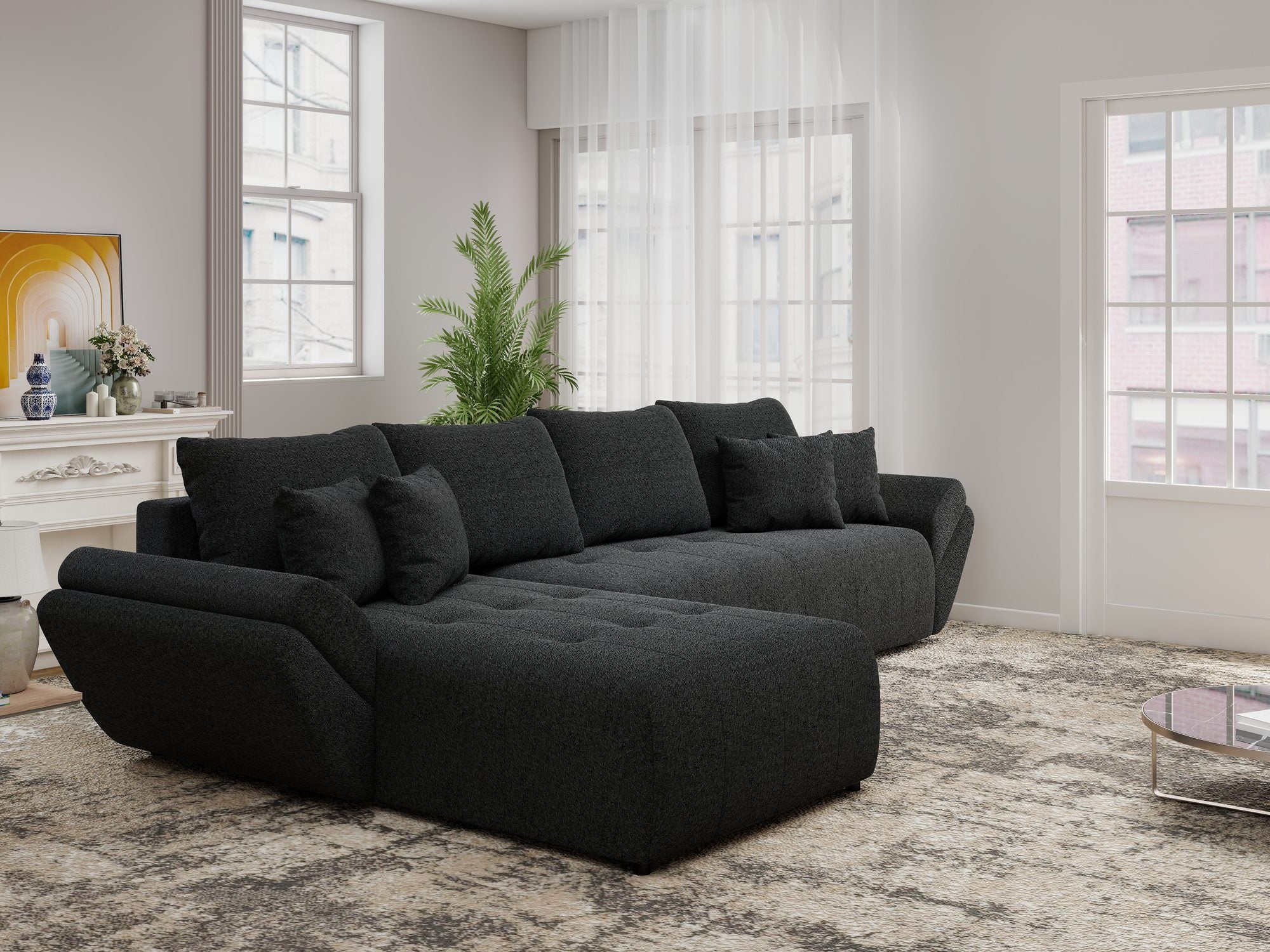 Colțar extensibil dumonde cu ladă de depozitare si sezut confortabil din spuma high-density, Berlin XL Monte Negru 99 350x185 cm