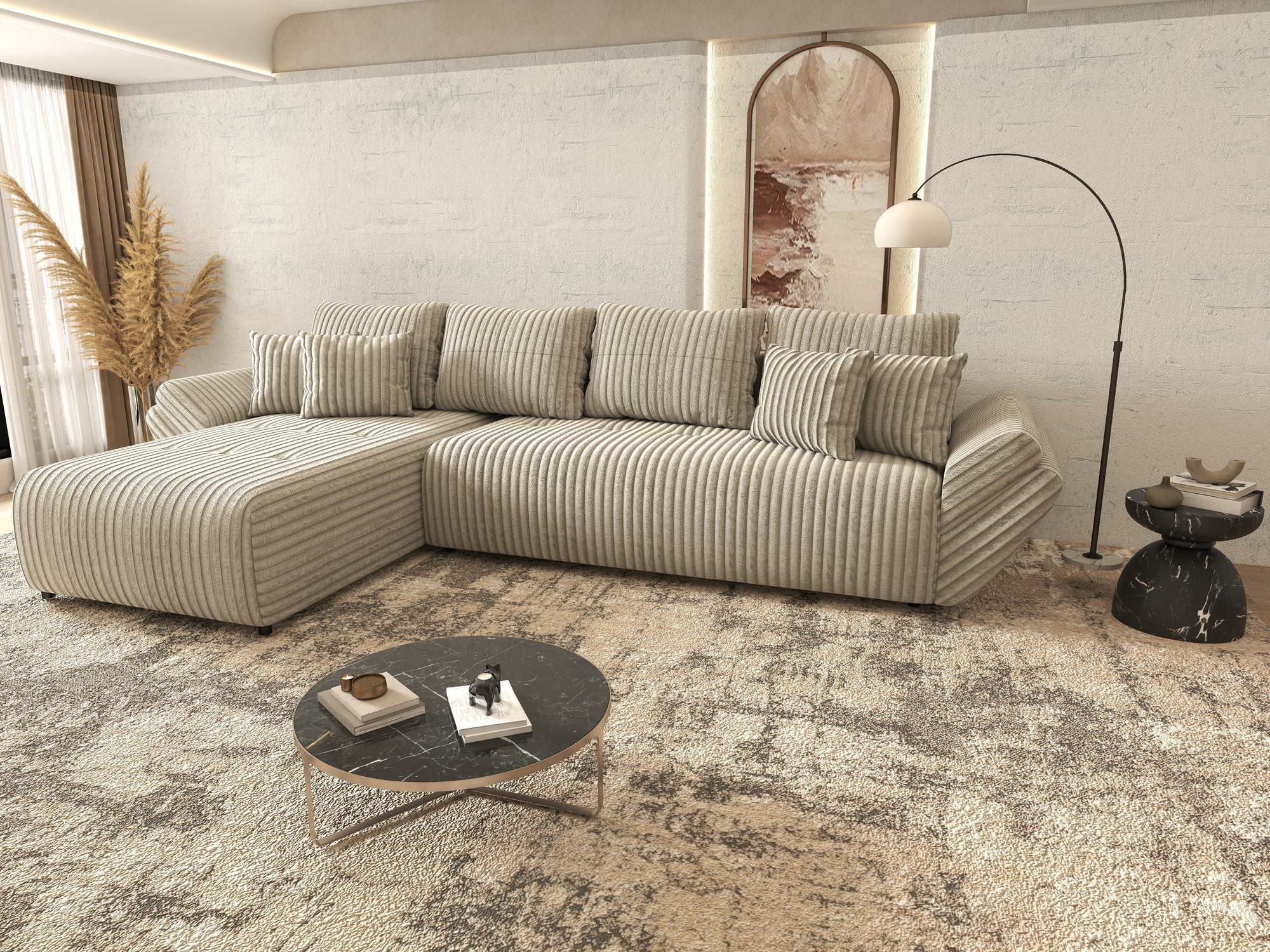 Colțar extensibil dumonde cu ladă de depozitare si sezut confortabil din spuma high-density, Berlin XL Tilia Gri- Bej 11 350x185 cm