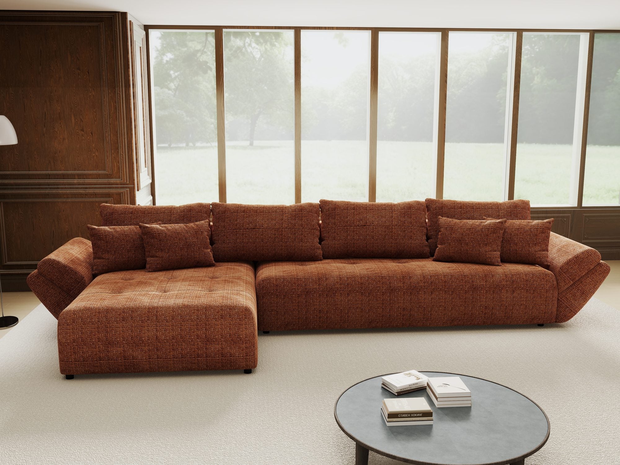 Colțar extensibil dumonde cu ladă de depozitare si sezut confortabil din spuma high-density, Berlin XL Cremona Teracota 52 350x185 cm
