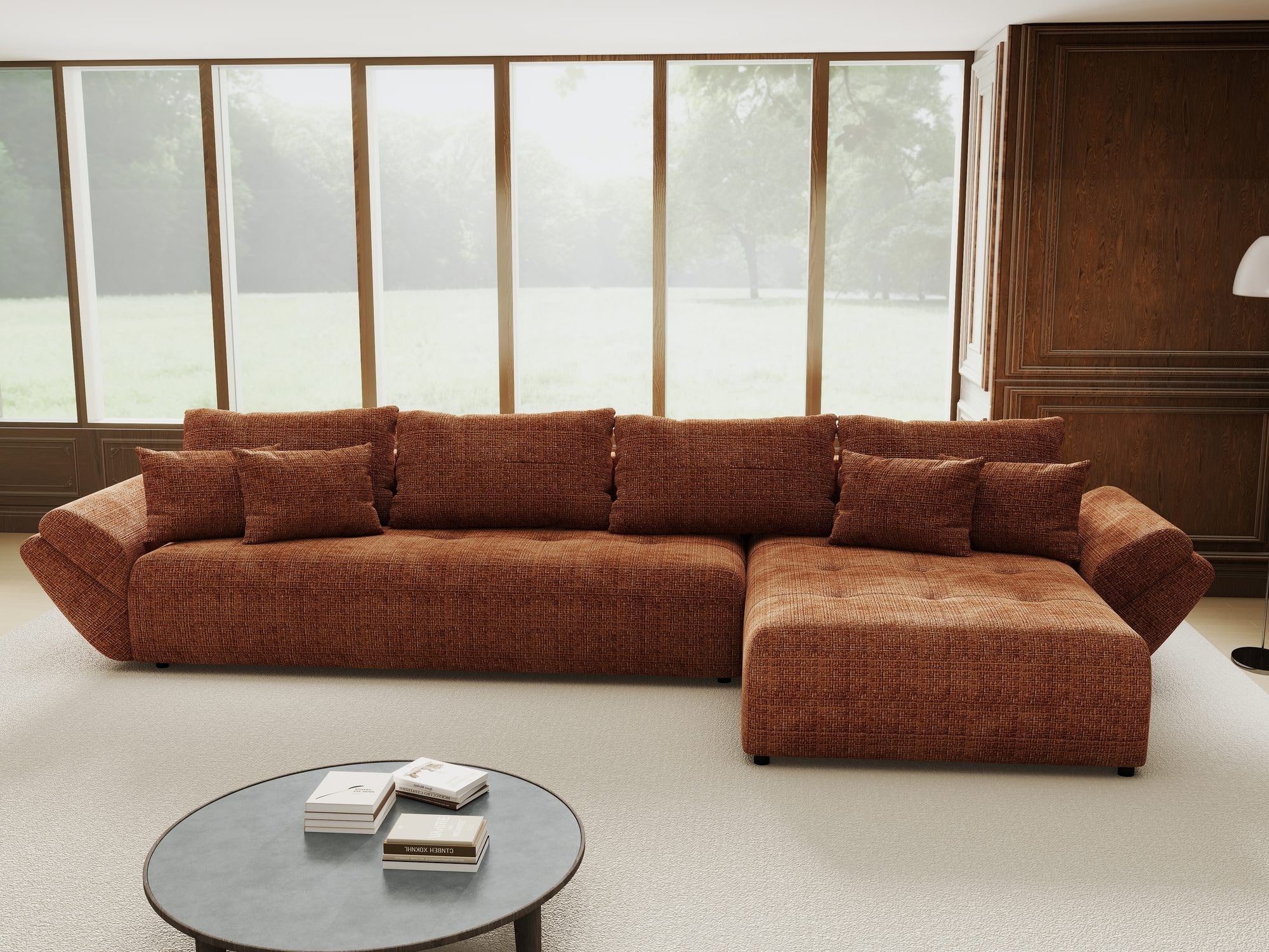 Colțar extensibil dumonde cu ladă de depozitare si sezut confortabil din spuma high-density, Berlin XL Cremona Teracota 52 II 350x185 cm