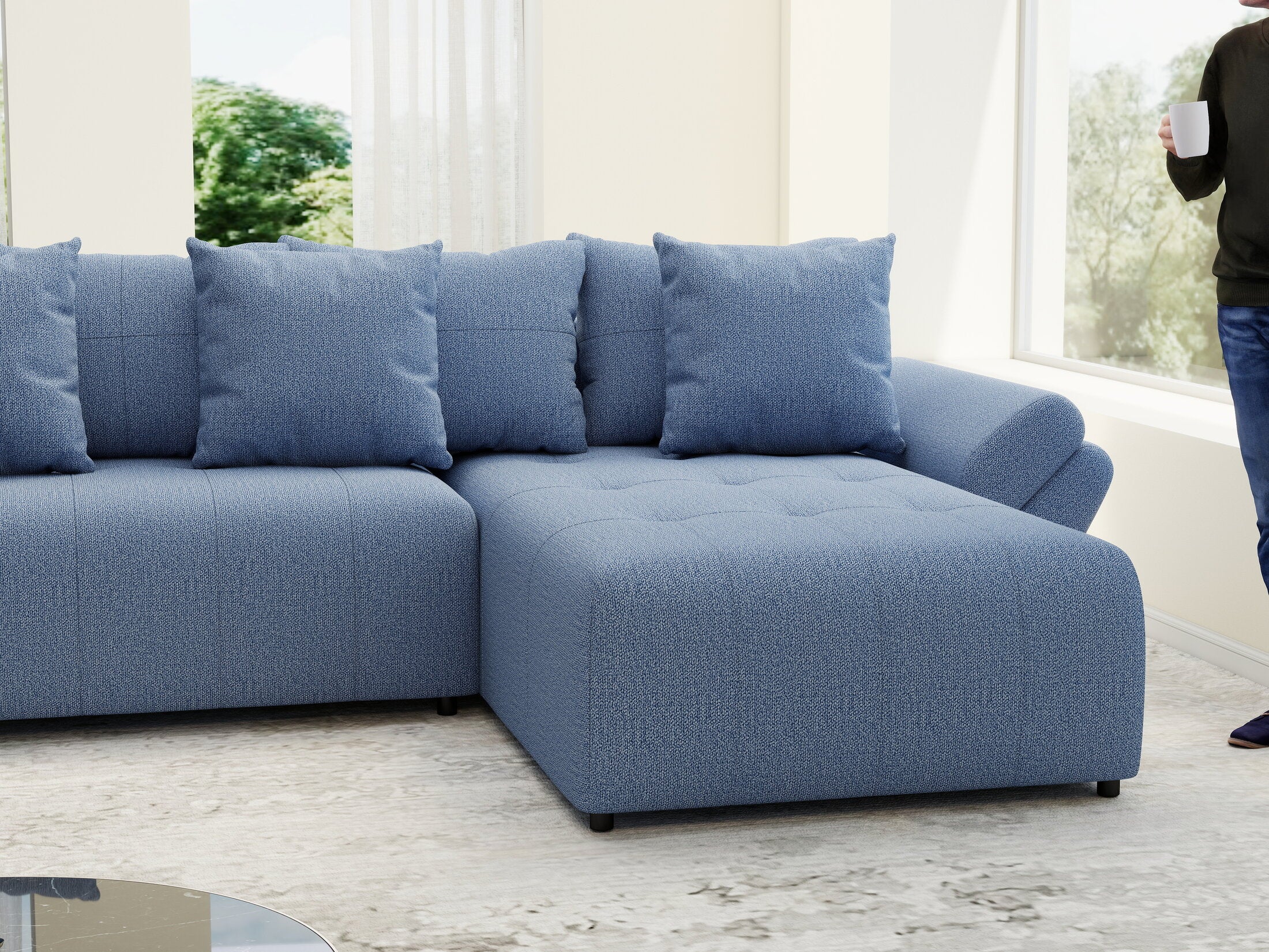 Colțar extensibil dumonde cu ladă de depozitare si sezut confortabil din spuma high-density, Berlin U Enjoy Blue 400x185 cm