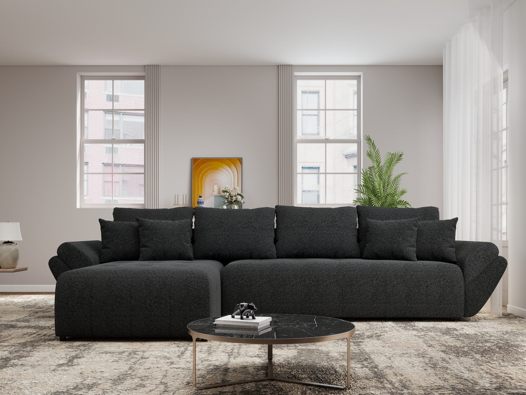 Colțar extensibil dumonde cu ladă de depozitare si sezut confortabil din spuma high-density, Berlin XL Monte Negru 99 350x185 cm