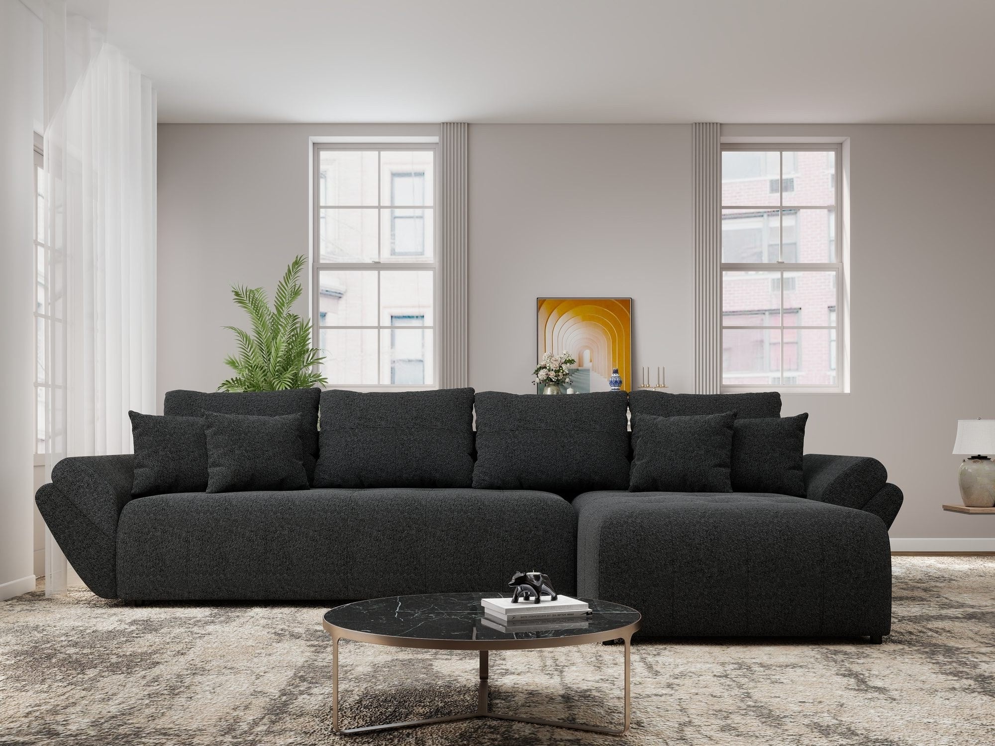 Colțar extensibil dumonde cu ladă de depozitare si sezut confortabil din spuma high-density, Berlin XL Monte Negru 99 II 350x185 cm