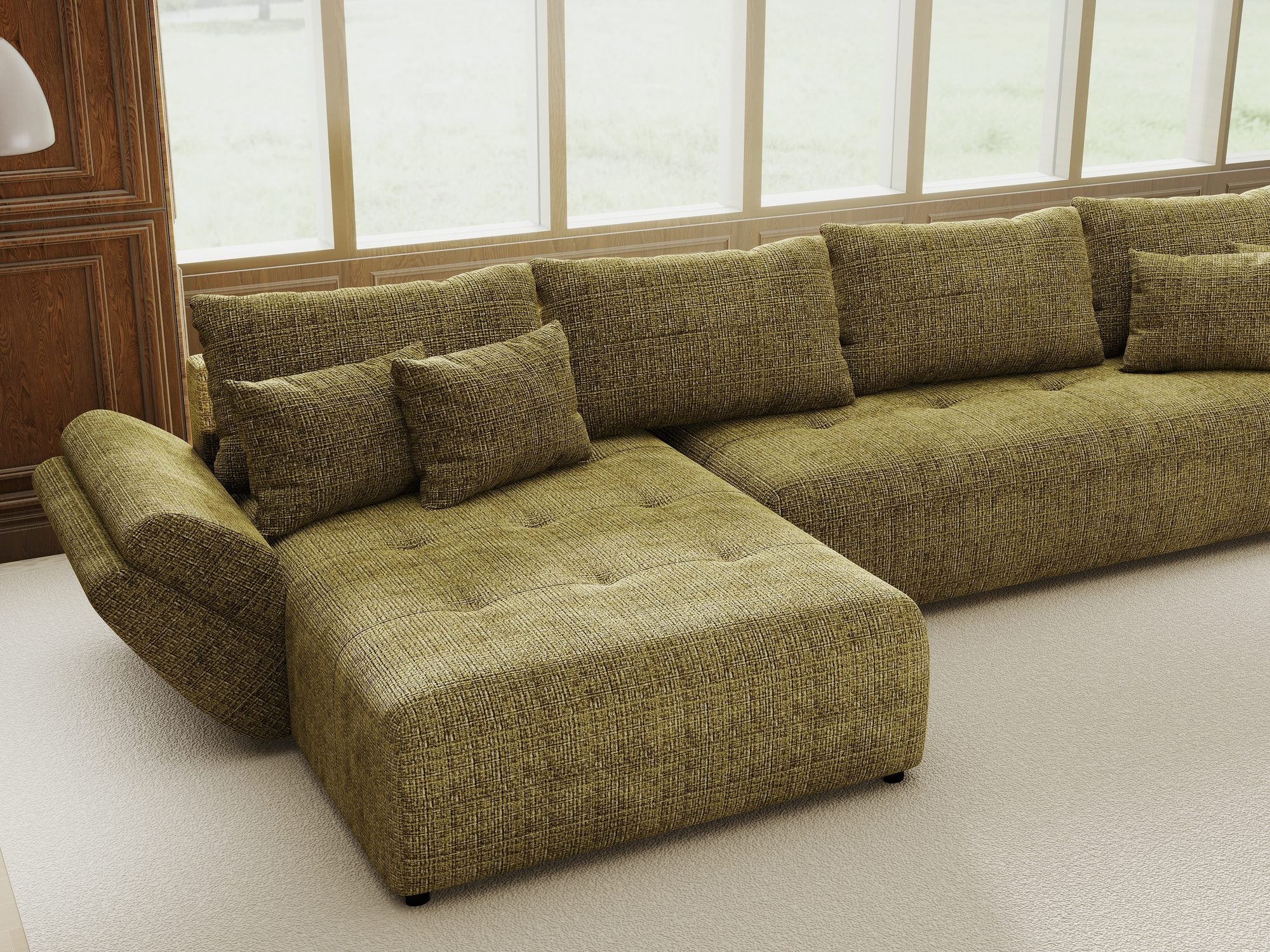 Colțar extensibil dumonde cu ladă de depozitare si sezut confortabil din spuma high-density, Berlin XL Cremona Olive 38 350x185 cm