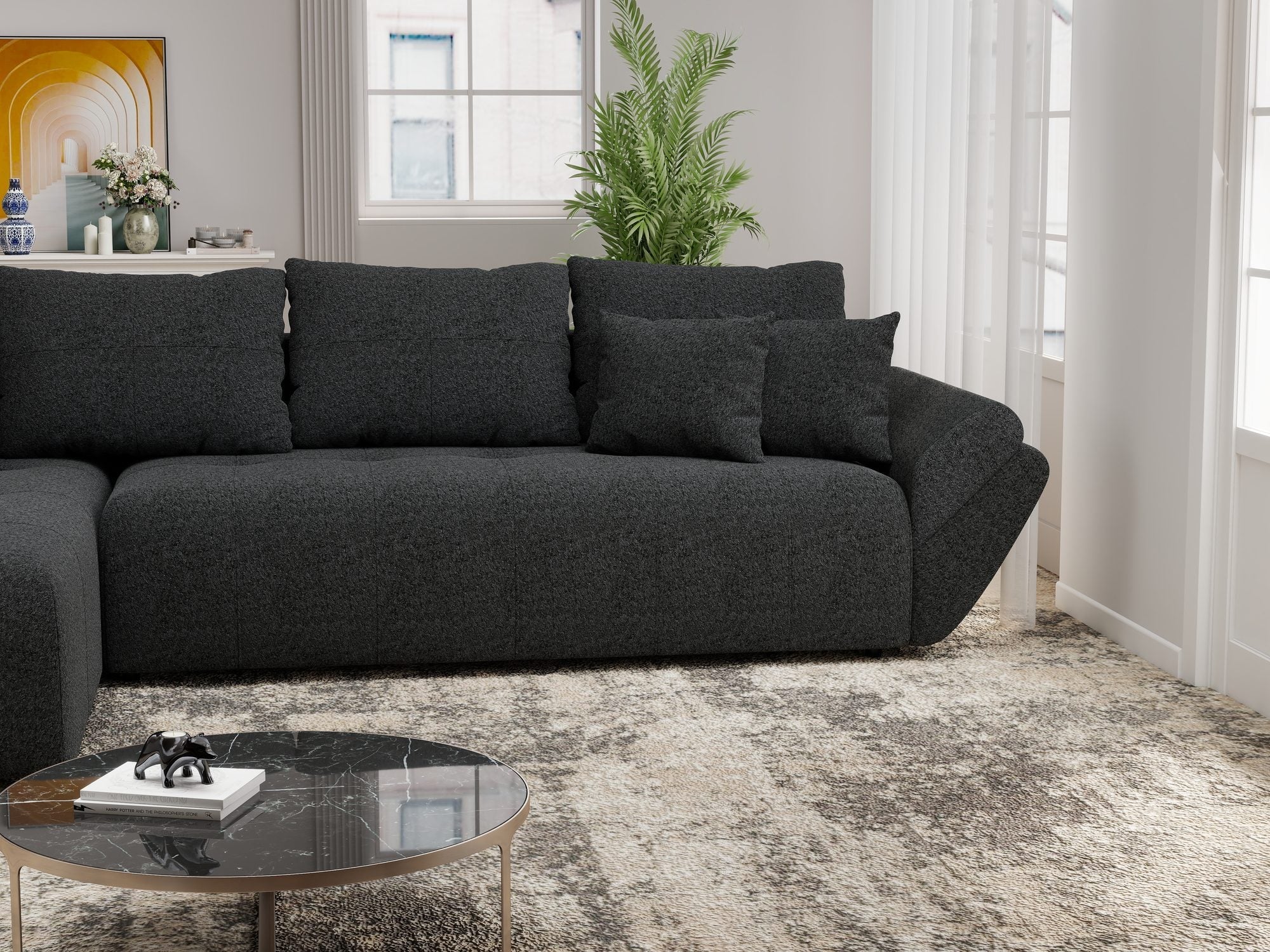 Colțar extensibil dumonde cu ladă de depozitare si sezut confortabil din spuma high-density, Berlin XL Monte Negru 99 350x185 cm
