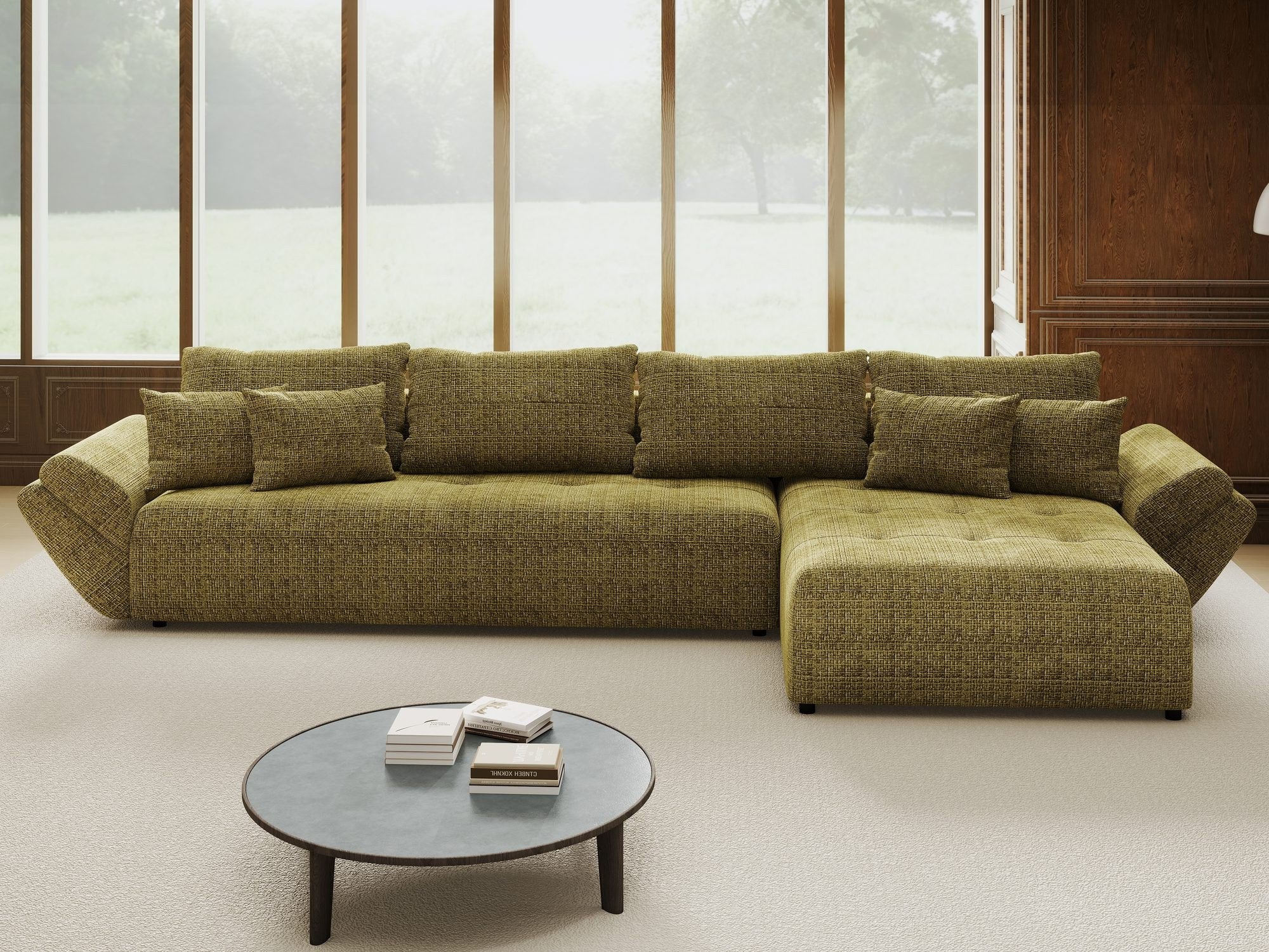 Colțar extensibil dumonde cu ladă de depozitare si sezut confortabil din spuma high-density, Berlin XL Cremona Olive 38 II 350x185 cm