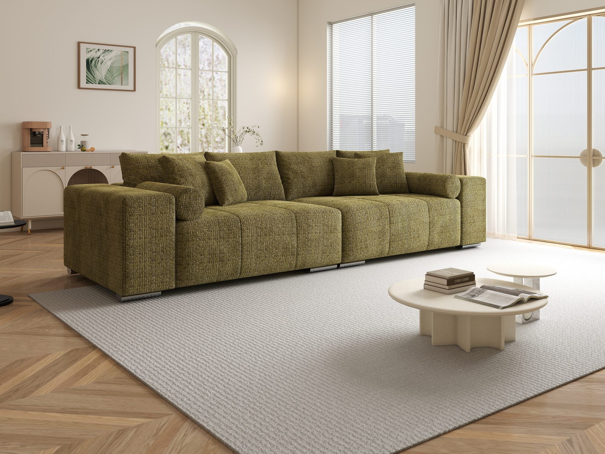 Canapea extensibilă dumonde cu ladă de depozitare si sezut confortabil din spuma high-density, Marbela XXL Cremona Olive 38 290x100 cm