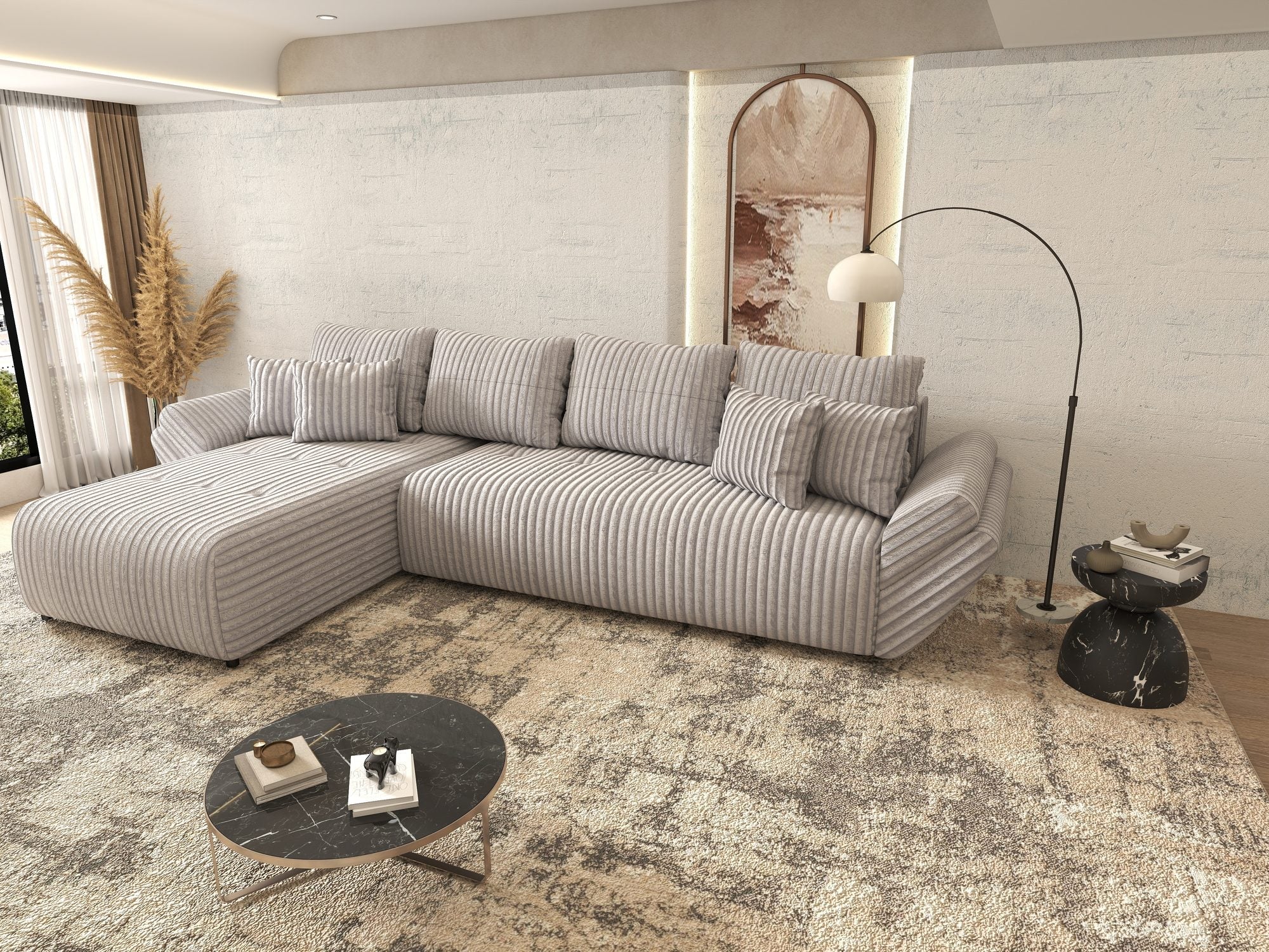 Colțar extensibil dumonde cu ladă de depozitare si sezut confortabil din spuma high-density, Berlin XL Tilia Gri 86 350x185 cm