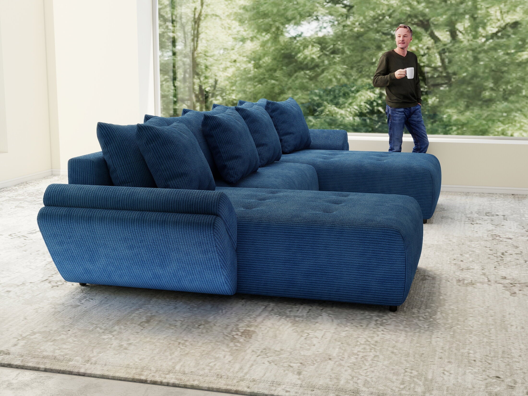Colțar extensibil dumonde cu ladă de depozitare si sezut confortabil din spuma high-density, Berlin U Zoom Blue 400x185 cm