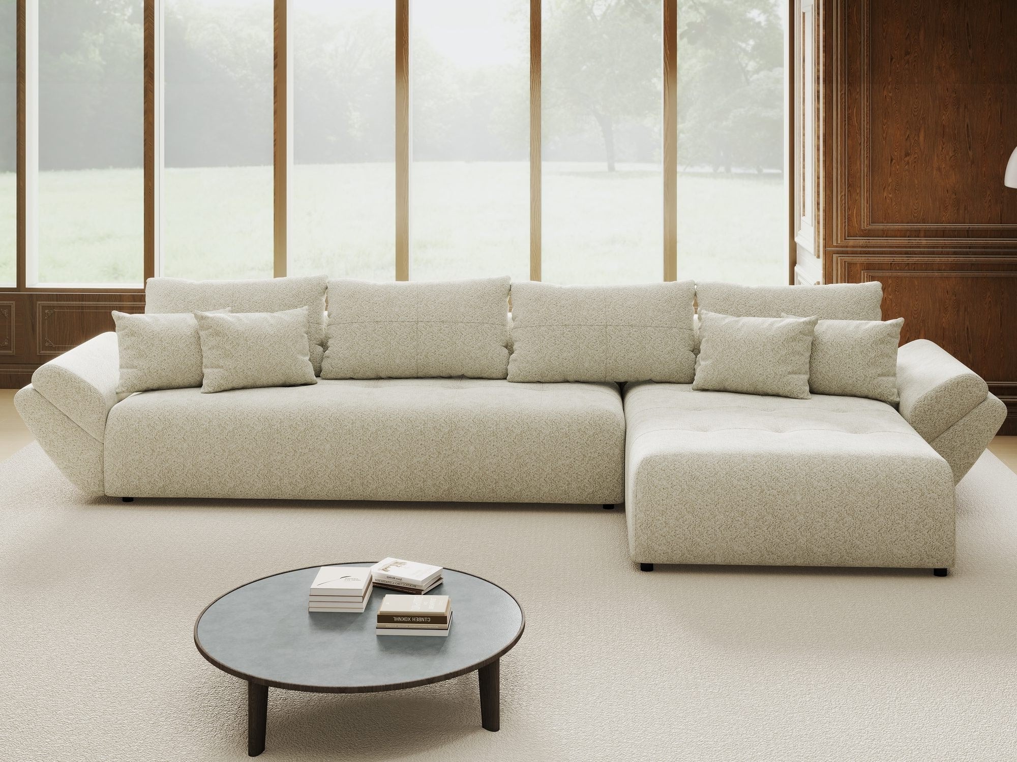 Colțar extensibil dumonde cu ladă de depozitare si sezut confortabil din spuma high-density, Berlin XL Arena Bej 20 II 350x185 cm