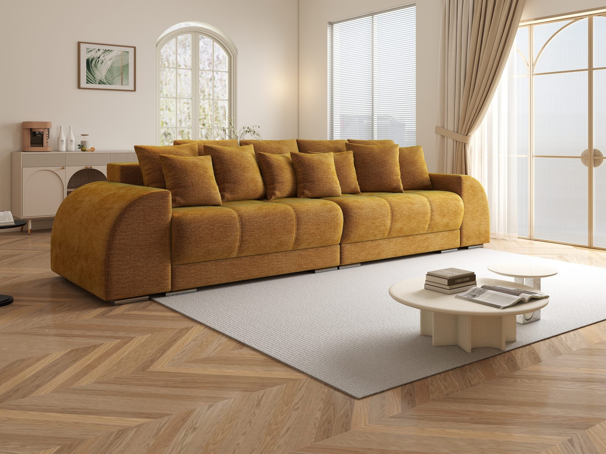 Canapea extensibilă dumonde cu 2 lăzi de depozitare si sezut confortabil din spuma high-density, Verona Monolith Mustar 48 310x100 cm
