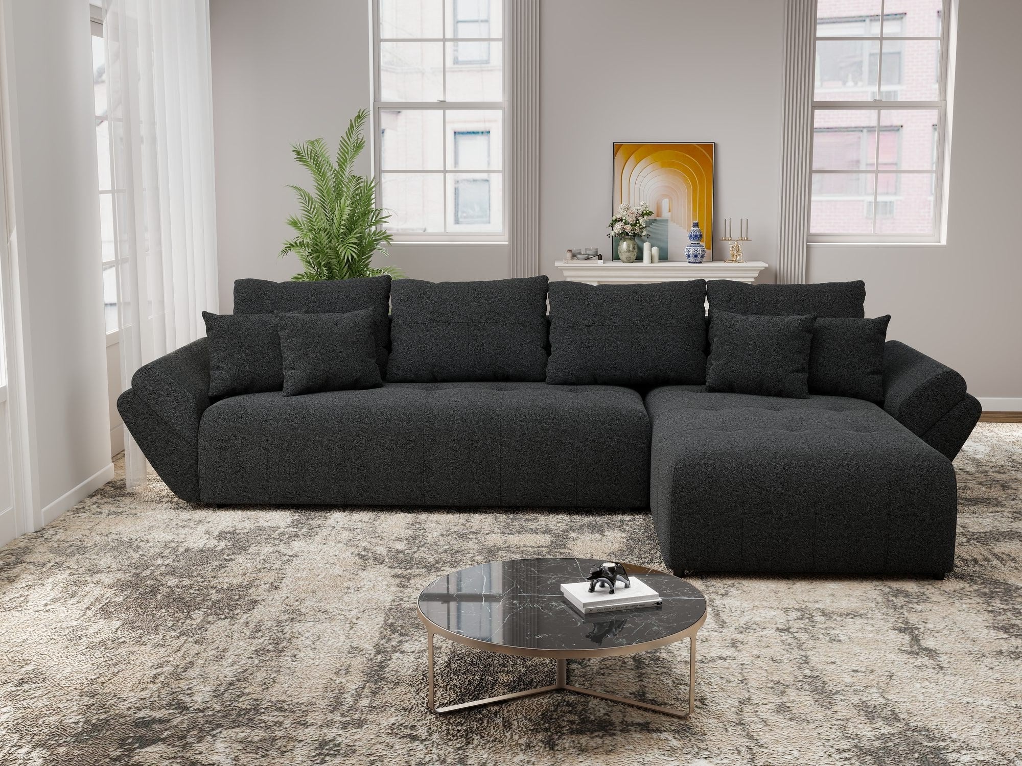 Colțar extensibil dumonde cu ladă de depozitare si sezut confortabil din spuma high-density, Berlin XL Monte Negru 99 II 350x185 cm