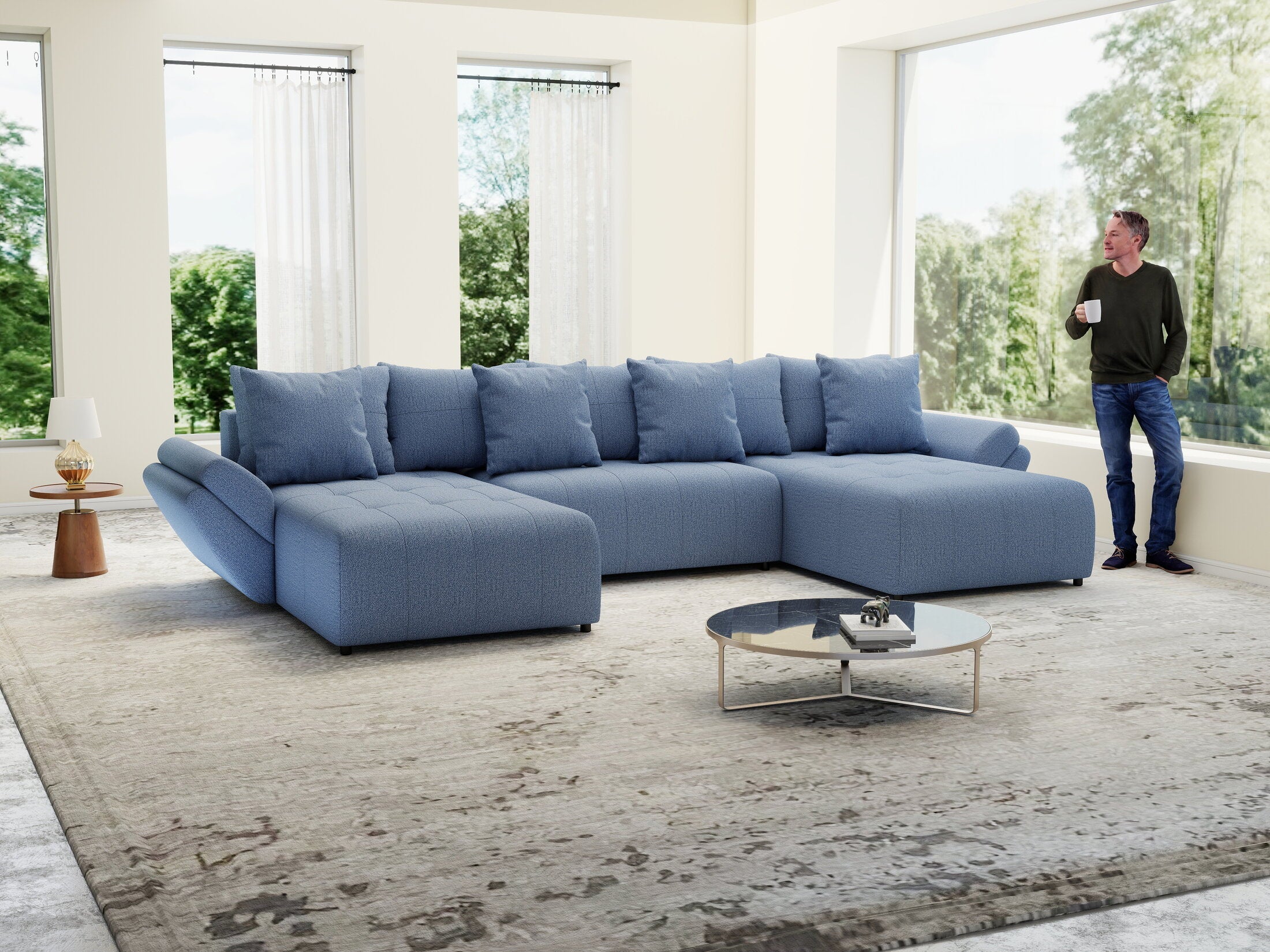 Colțar extensibil dumonde cu ladă de depozitare si sezut confortabil din spuma high-density, Berlin U Enjoy Blue 400x185 cm