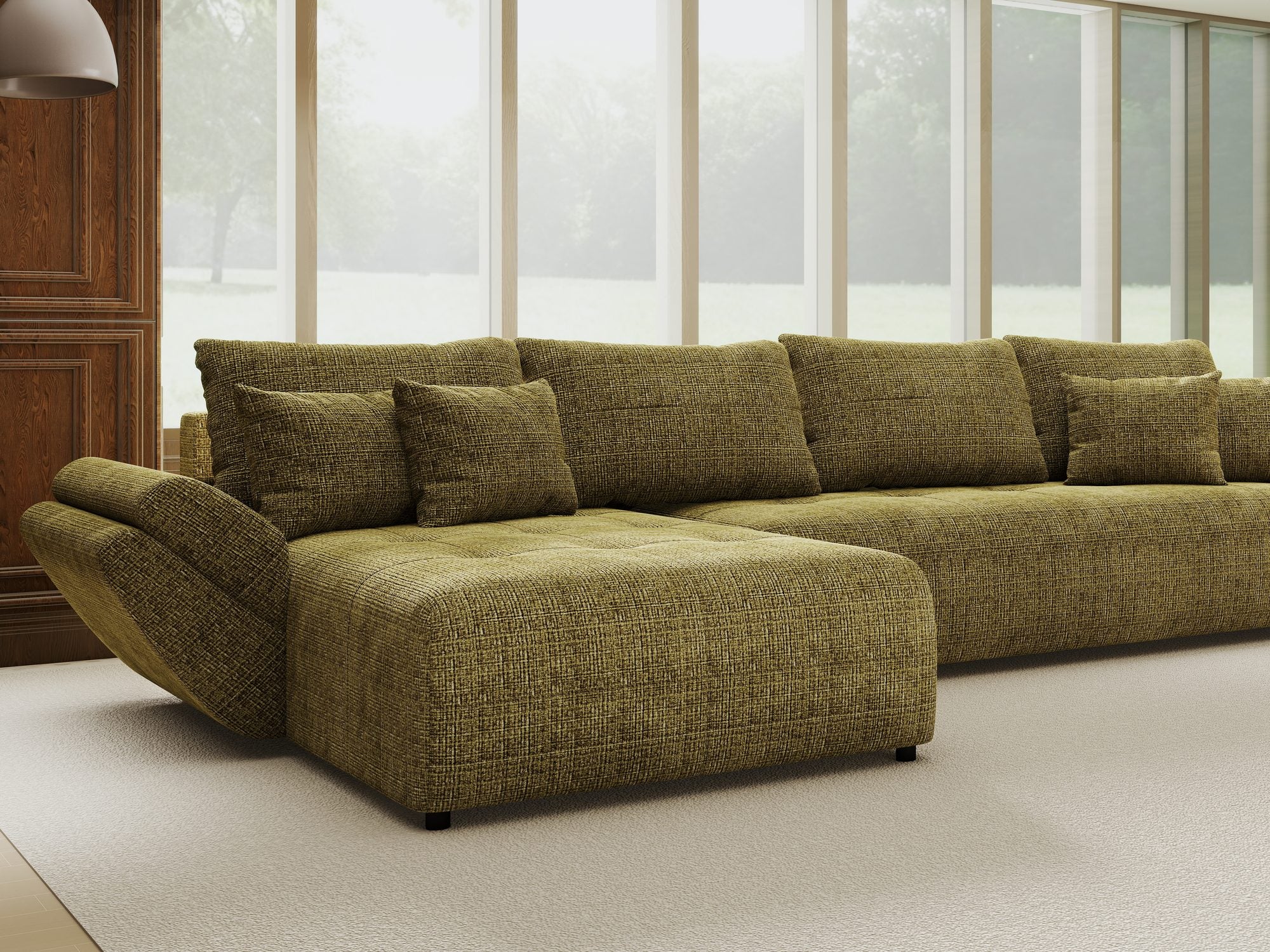 Colțar extensibil dumonde cu ladă de depozitare si sezut confortabil din spuma high-density, Berlin XL Cremona Olive 38 350x185 cm