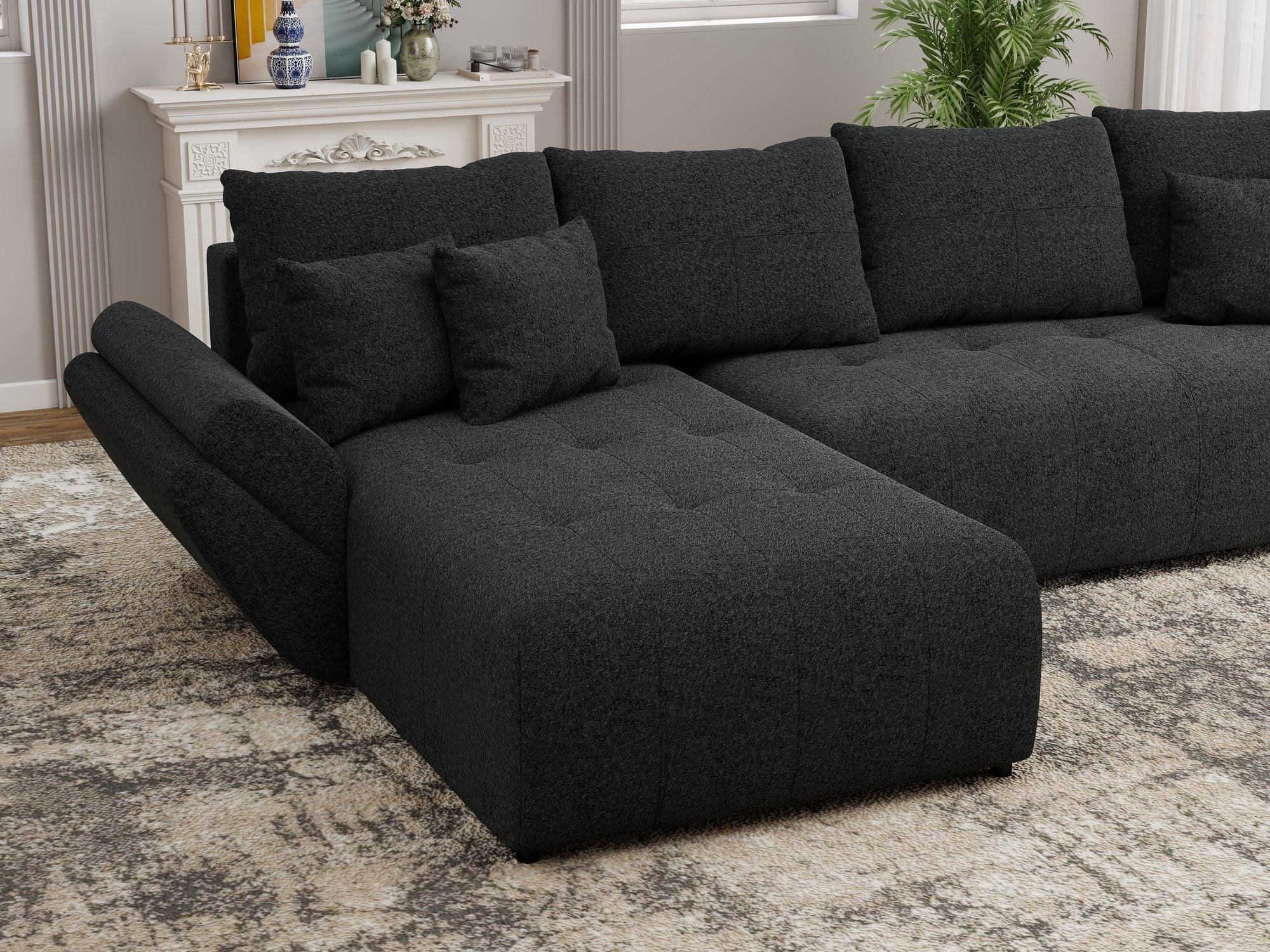 Colțar extensibil dumonde cu ladă de depozitare si sezut confortabil din spuma high-density, Berlin XL Monte Negru 99 350x185 cm