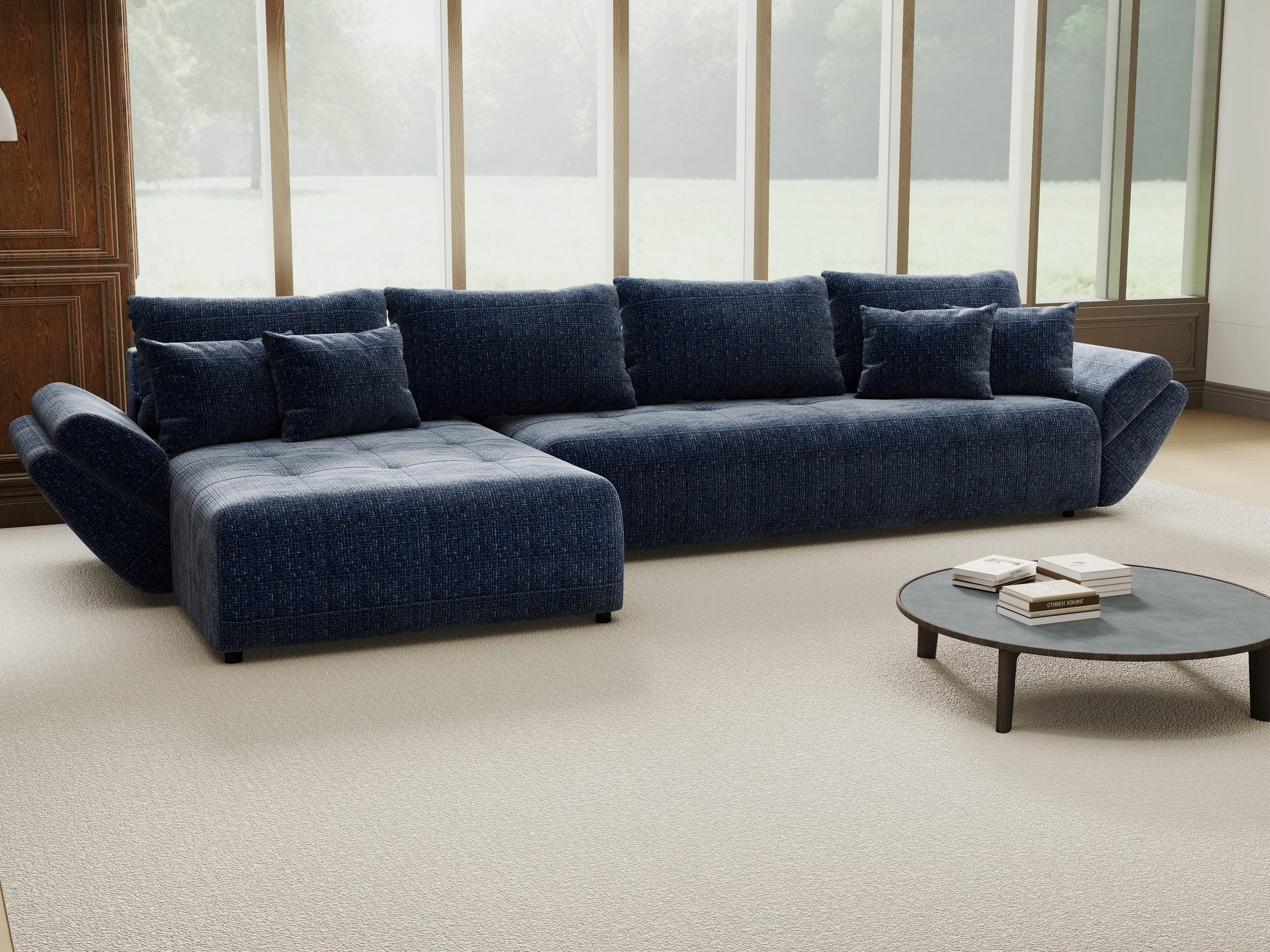 Colțar extensibil dumonde cu ladă de depozitare si sezut confortabil din spuma high-density, Berlin XL Cremona Albastru 79 350x185 cm