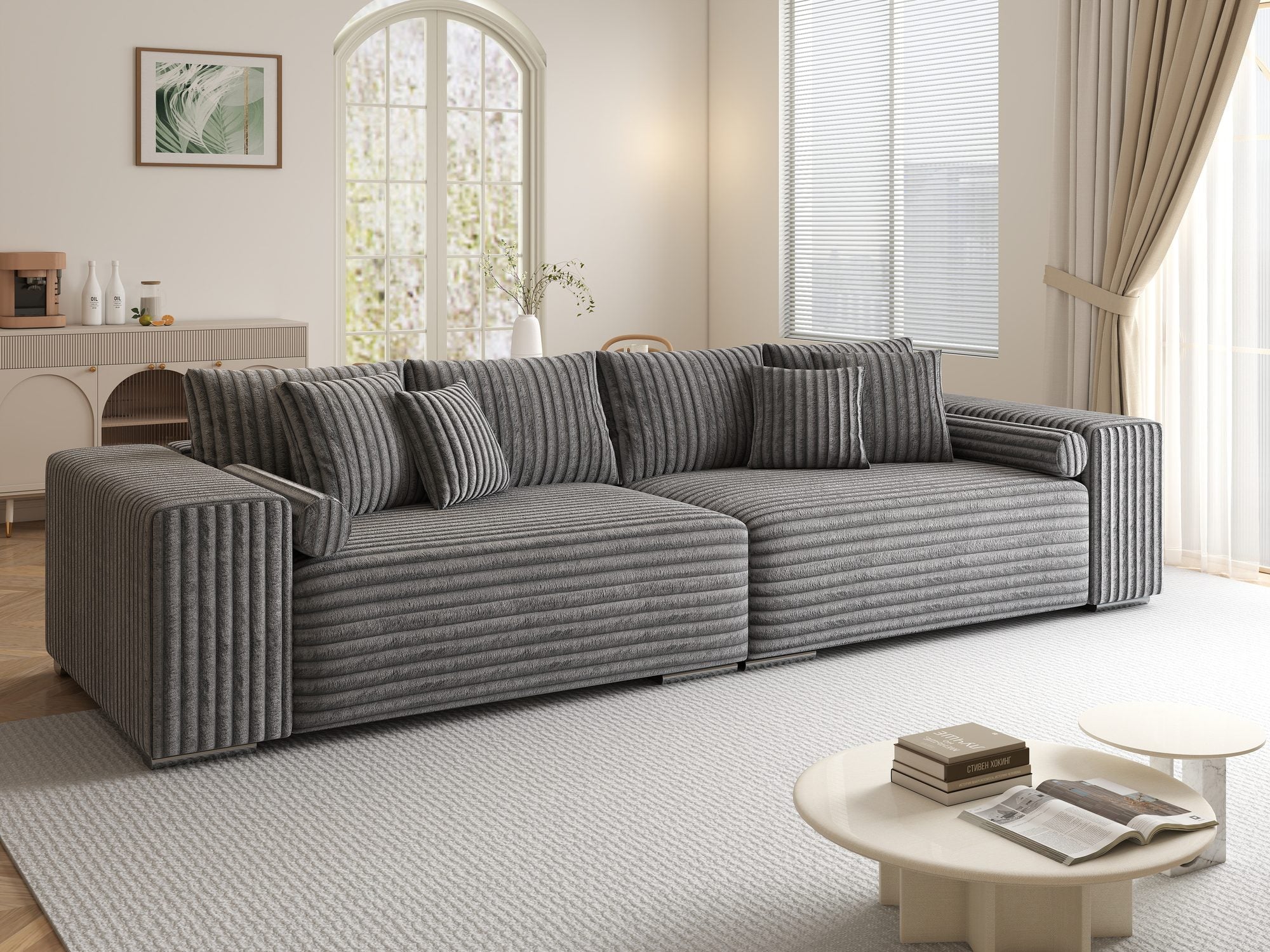 Canapea extensibilă dumonde cu ladă de depozitare si sezut confortabil din spuma high-density, Marbela XXL Tilia Gri 90 290x100 cm