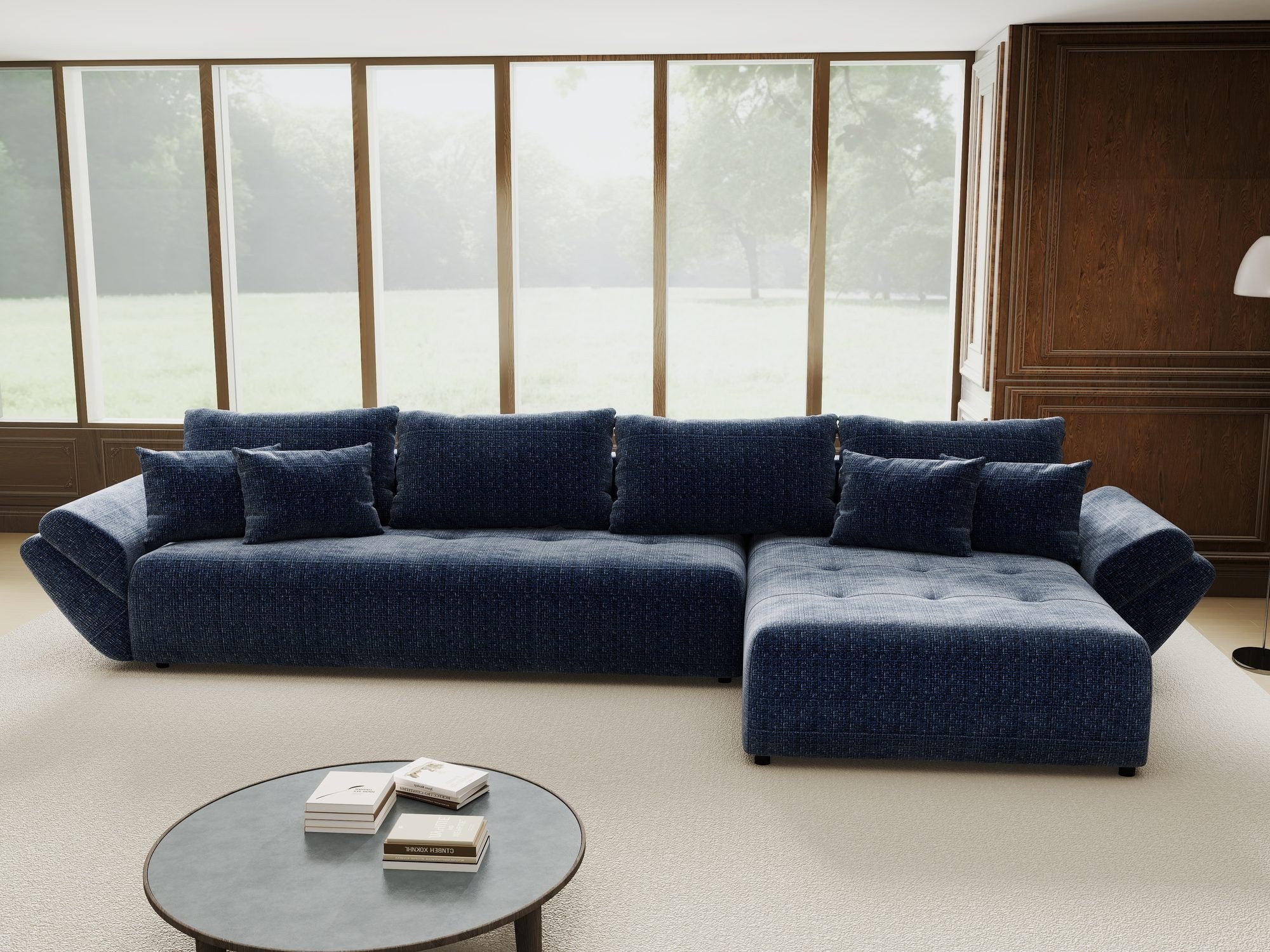 Colțar extensibil dumonde cu ladă de depozitare si sezut confortabil din spuma high-density, Berlin XL Cremona Albastru 79 II 350x185 cm