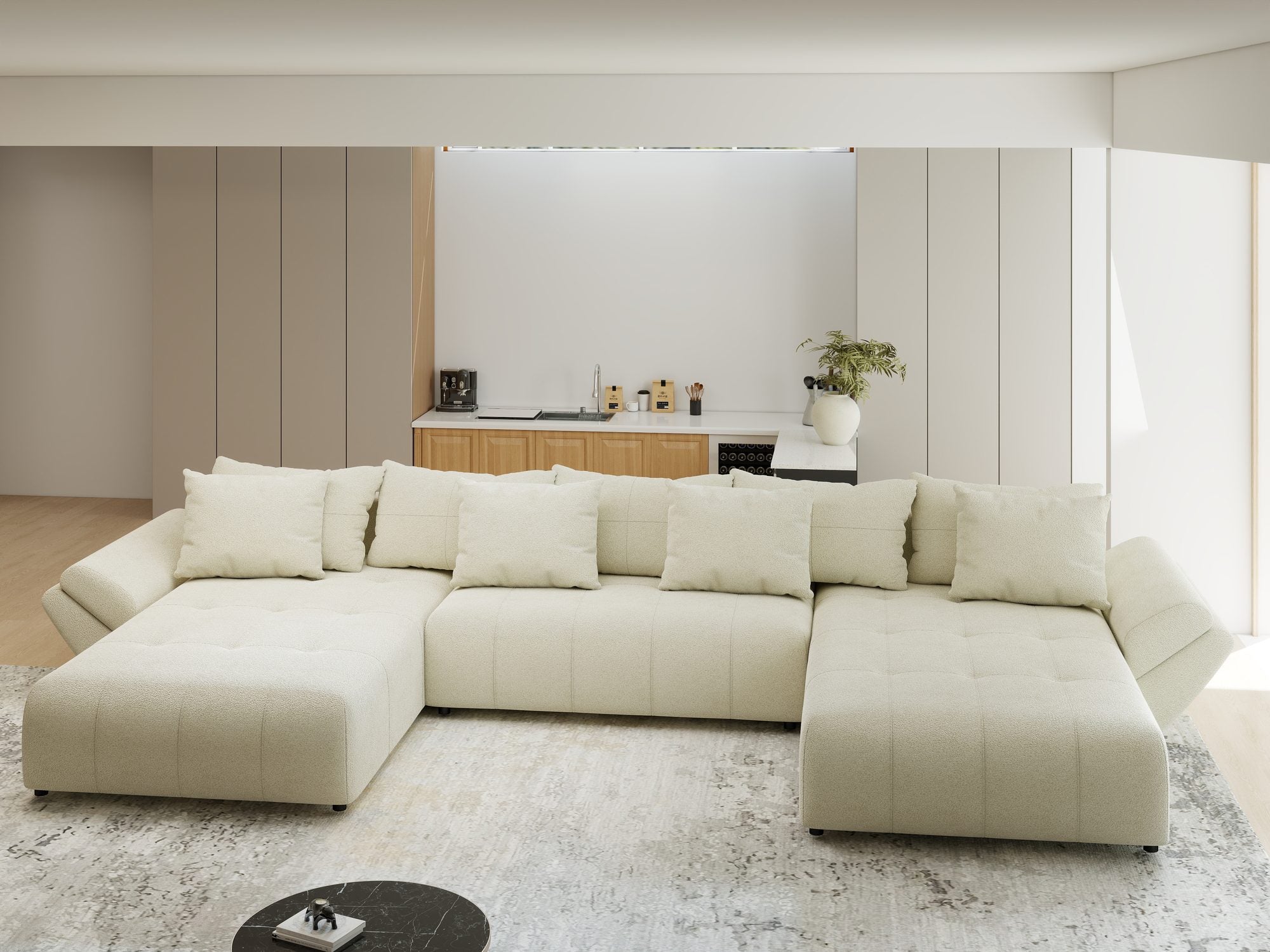 Colțar extensibil dumonde cu ladă de depozitare si sezut confortabil din spuma high-density, Berlin U Quelle Bej 02 380x180 cm