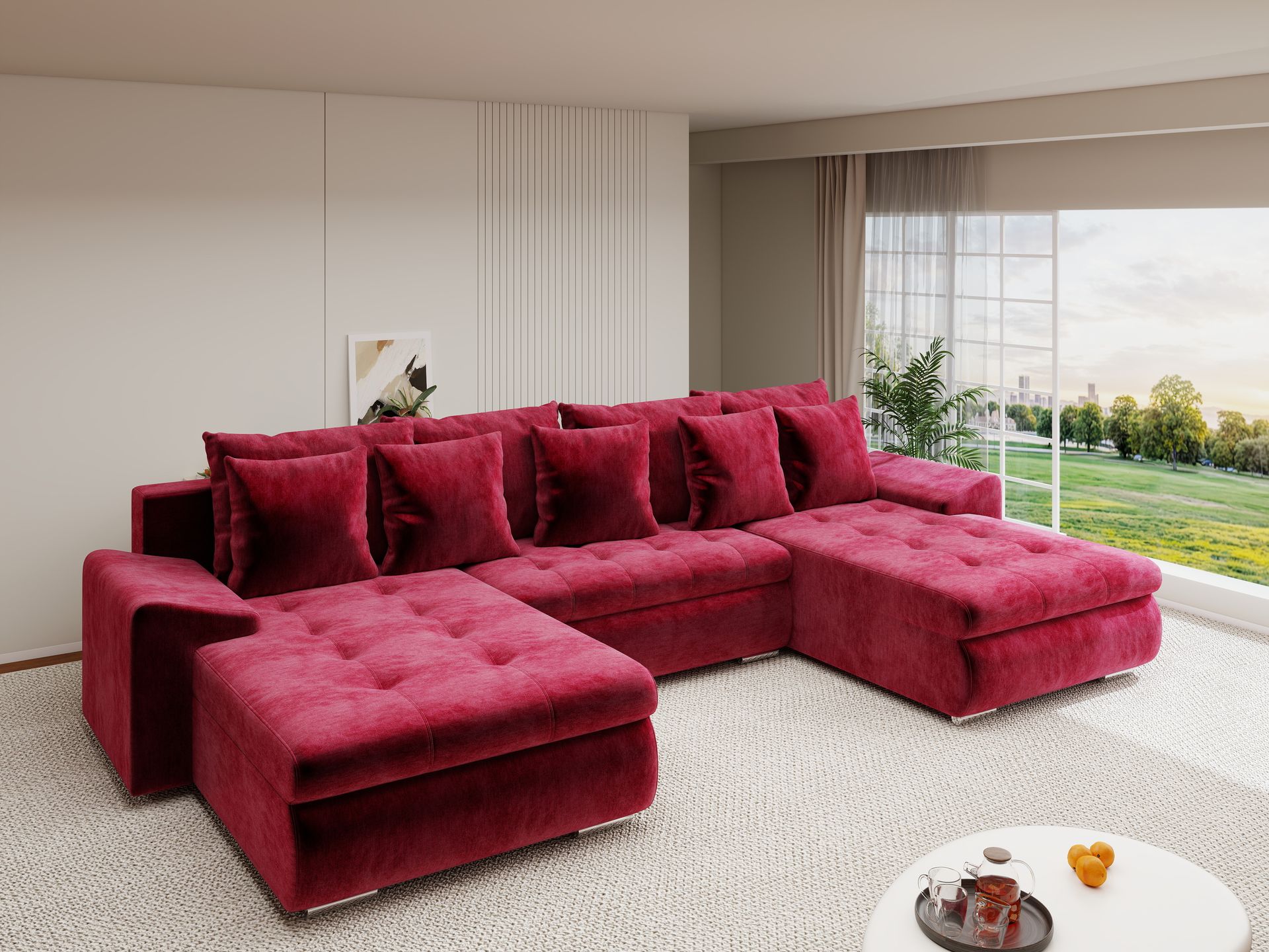 Colțar extensibil dumonde cu ladă de depozitare si sezut confortabil din spuma high-density, Leonardo U Monolith Rosu 59 360x185 cm