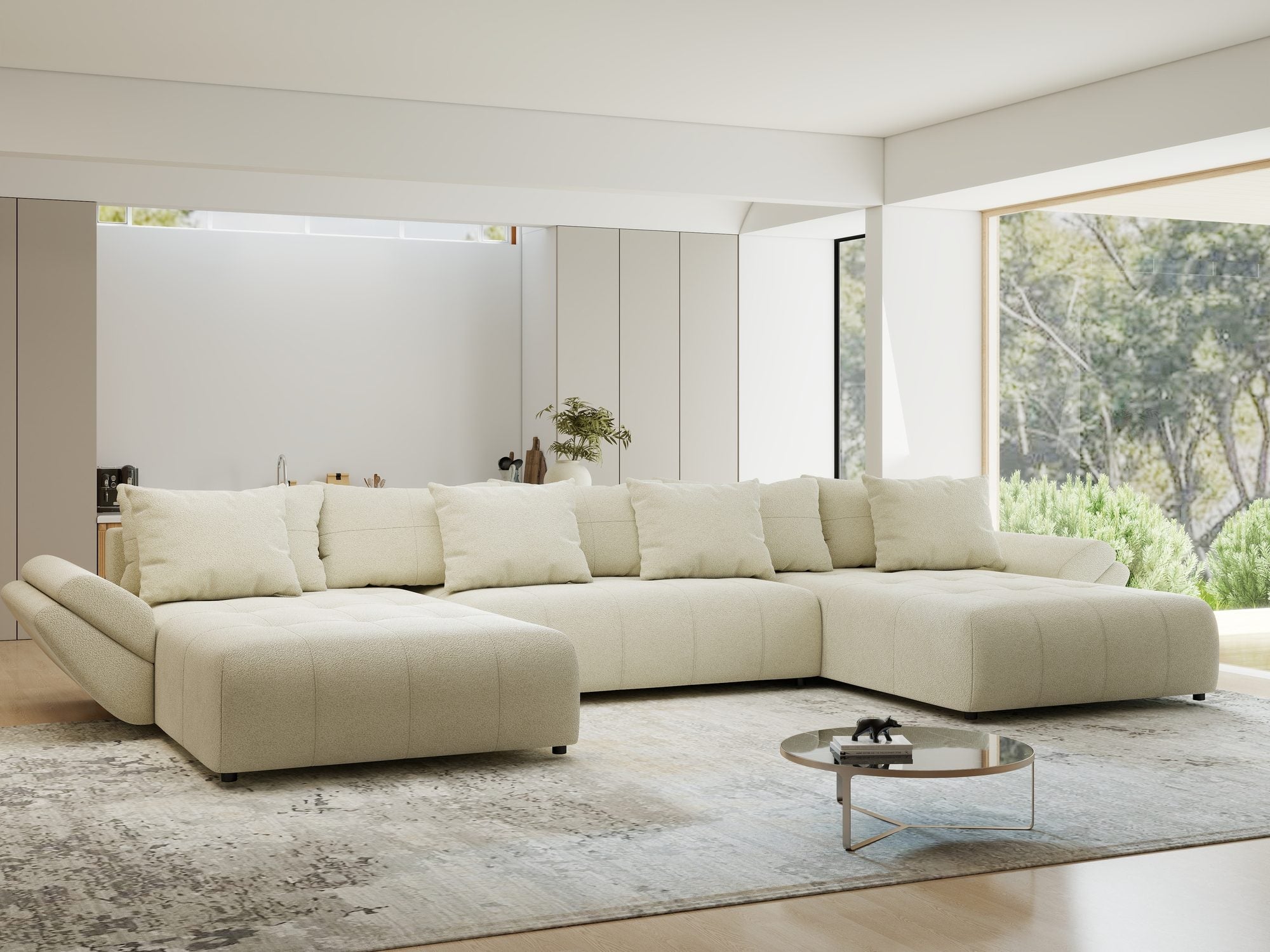 Colțar extensibil dumonde cu ladă de depozitare si sezut confortabil din spuma high-density, Berlin U Quelle Bej 02 380x180 cm