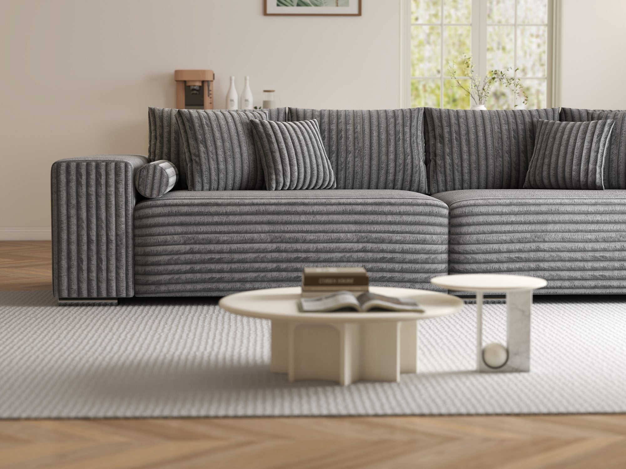 Canapea extensibilă dumonde cu ladă de depozitare si sezut confortabil din spuma high-density, Marbela XXL Tilia Gri 90 290x100 cm