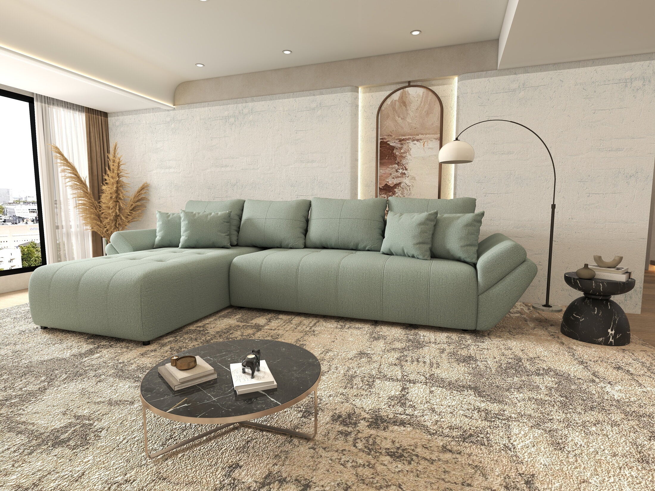 Colțar extensibil dumonde cu ladă de depozitare si sezut confortabil din spuma high-density, Berlin XL Enjoy Mint 350x185 cm