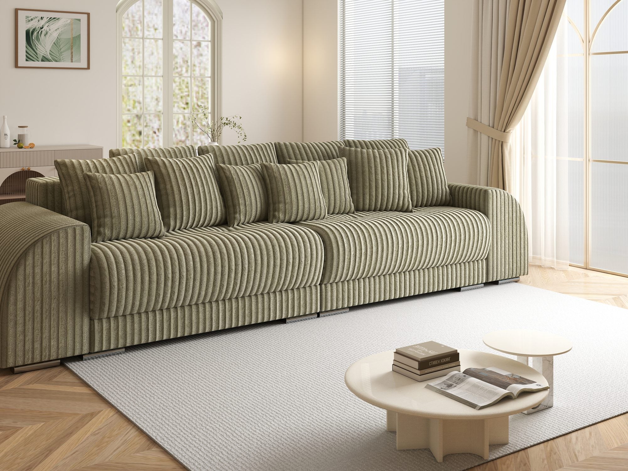 Canapea extensibilă dumonde cu 2 lăzi de depozitare si sezut confortabil din spuma high-density, Verona Tilia Verde Olive 37 310x100 cm