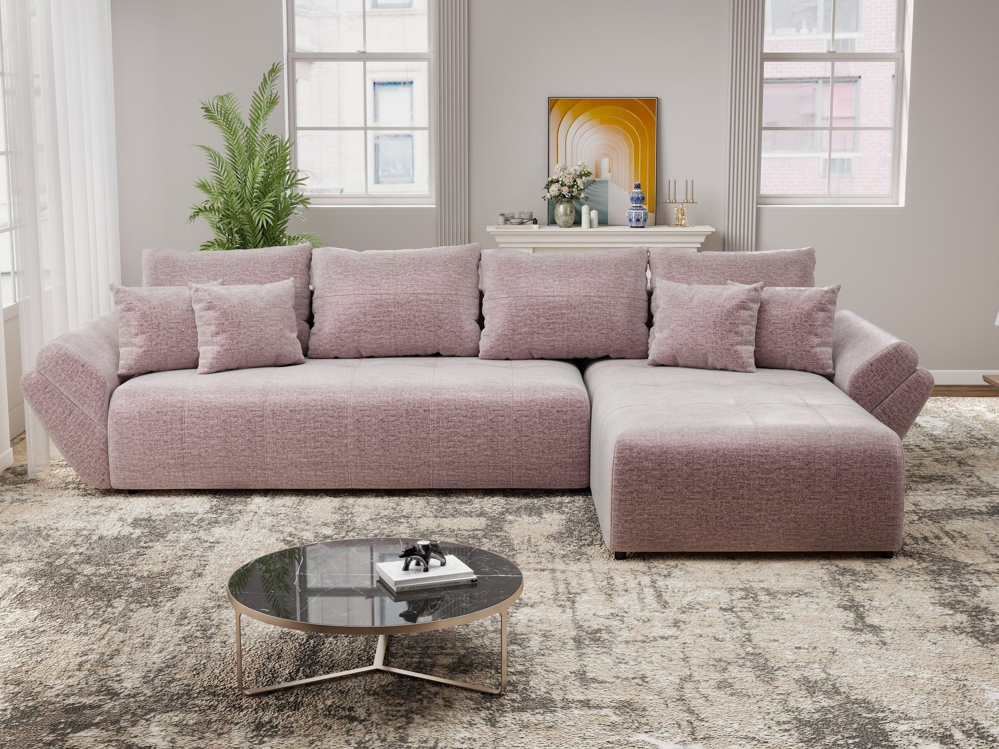 Colțar extensibil dumonde cu ladă de depozitare si sezut confortabil din spuma high-density, Berlin XL Monolith Roz Pudrat 62 II 350x185 cm