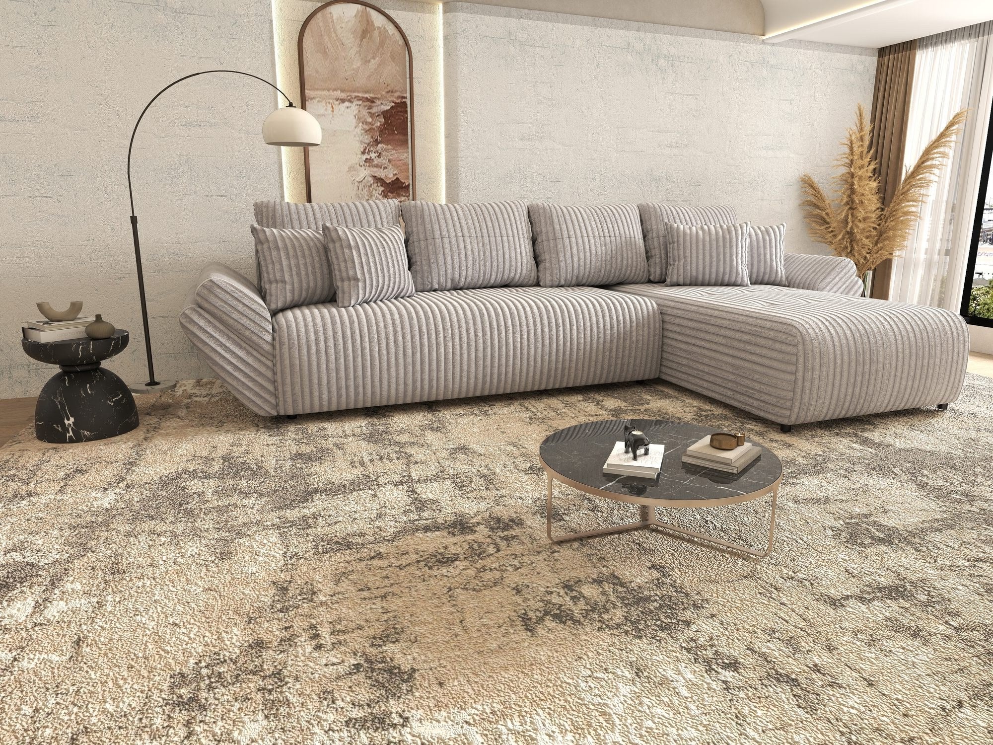 Colțar extensibil dumonde cu ladă de depozitare si sezut confortabil din spuma high-density, Berlin XL Tilia Gri 86 II 350x185 cm