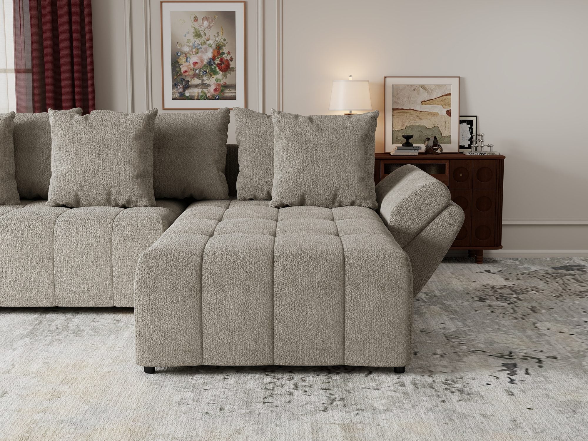 Colțar extensibil dumonde cu ladă de depozitare si sezut confortabil din spuma high-density, Berlin Vibe Bej 06 II 280x185 cm