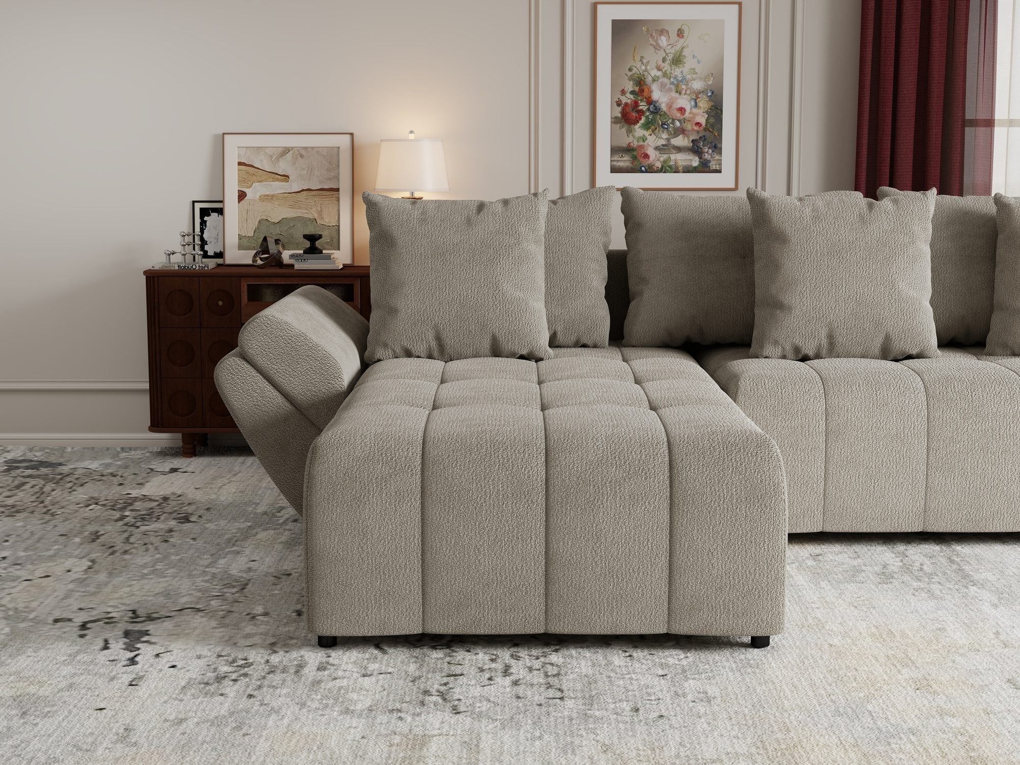 Colțar extensibil dumonde cu ladă de depozitare si sezut confortabil din spuma high-density, Berlin Vibe Bej 06 280x185 cm