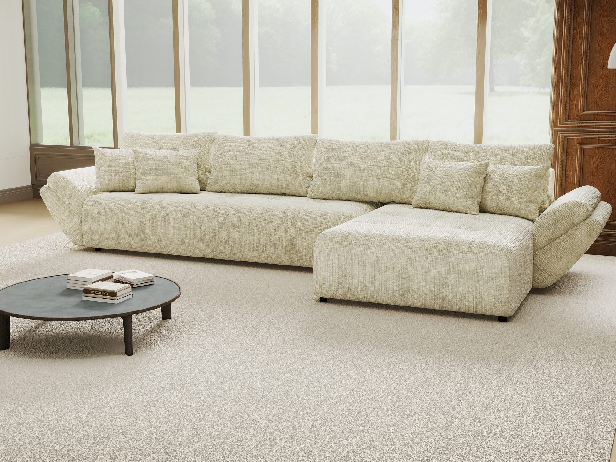 Colțar extensibil dumonde cu ladă de depozitare si sezut confortabil din spuma high-density, Berlin XL Cremona Alb 1 II 350x185 cm