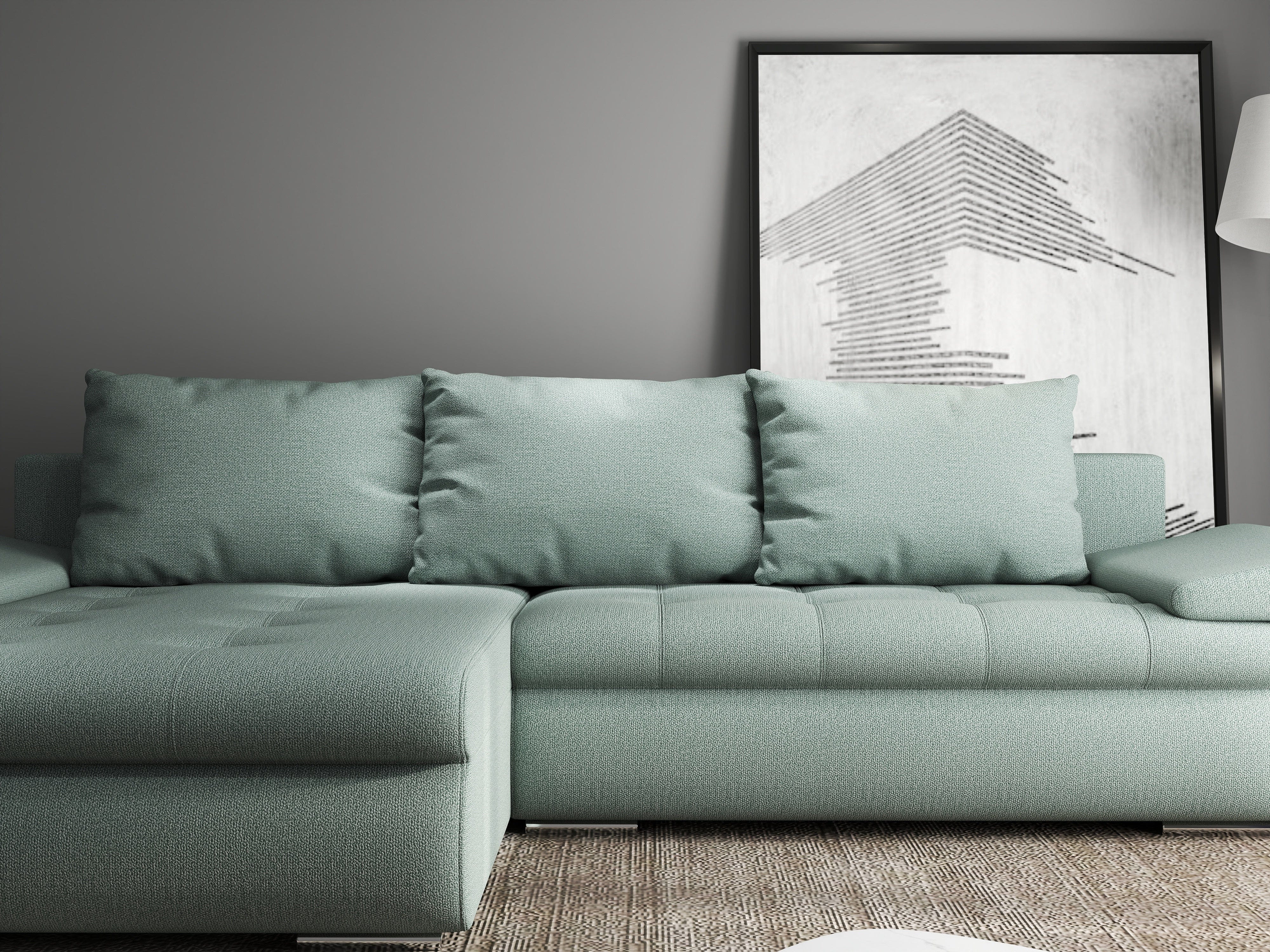 Colțar extensibil dumonde cu ladă de depozitare si sezut confortabil din spuma HR, Leonardo Enjoy Mint 260x185 cm Fabrica