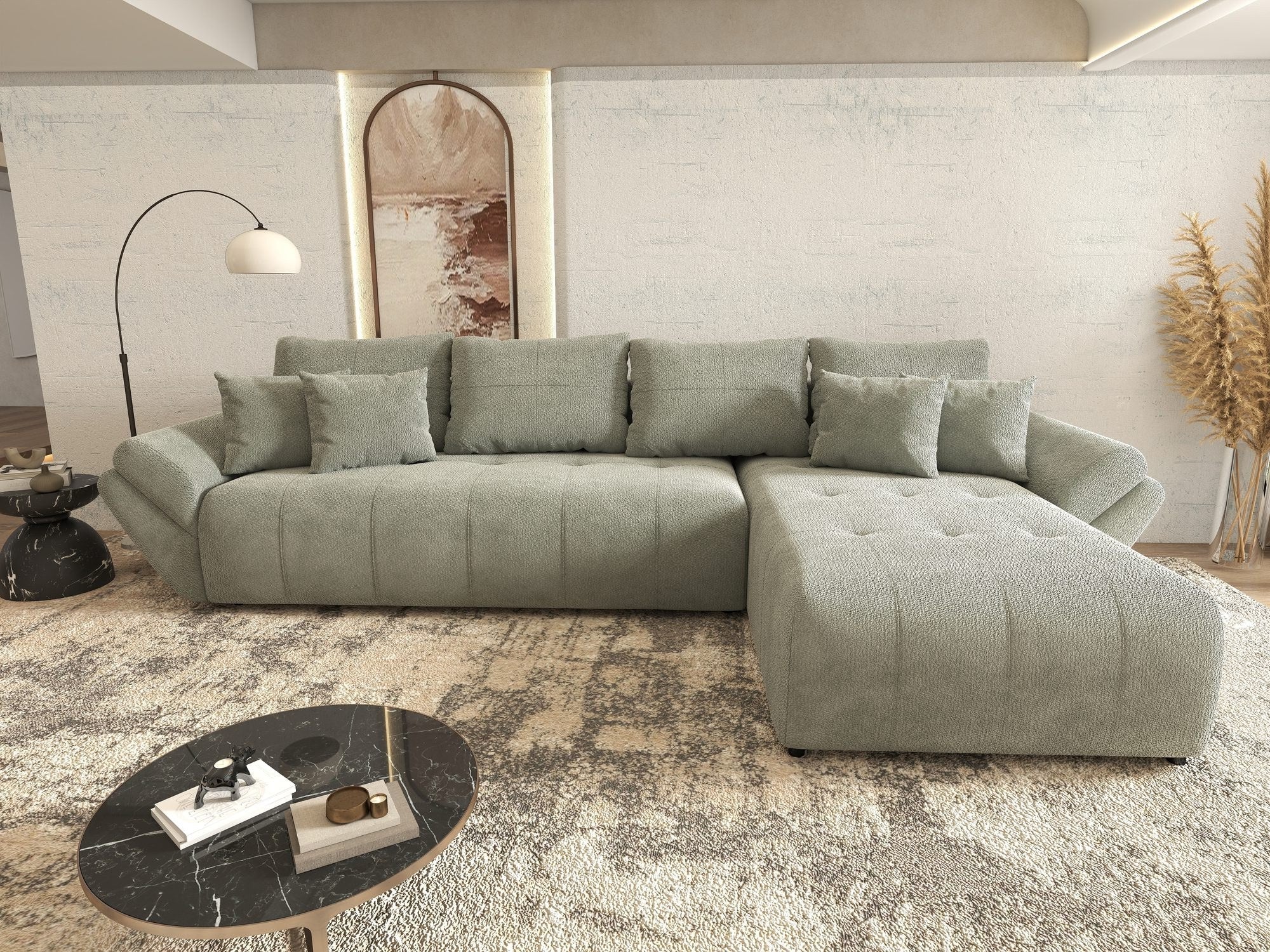 Colțar extensibil dumonde cu ladă de depozitare si sezut confortabil din spuma high-density, Berlin XL Vibe Mint 85 II 350x185 cm