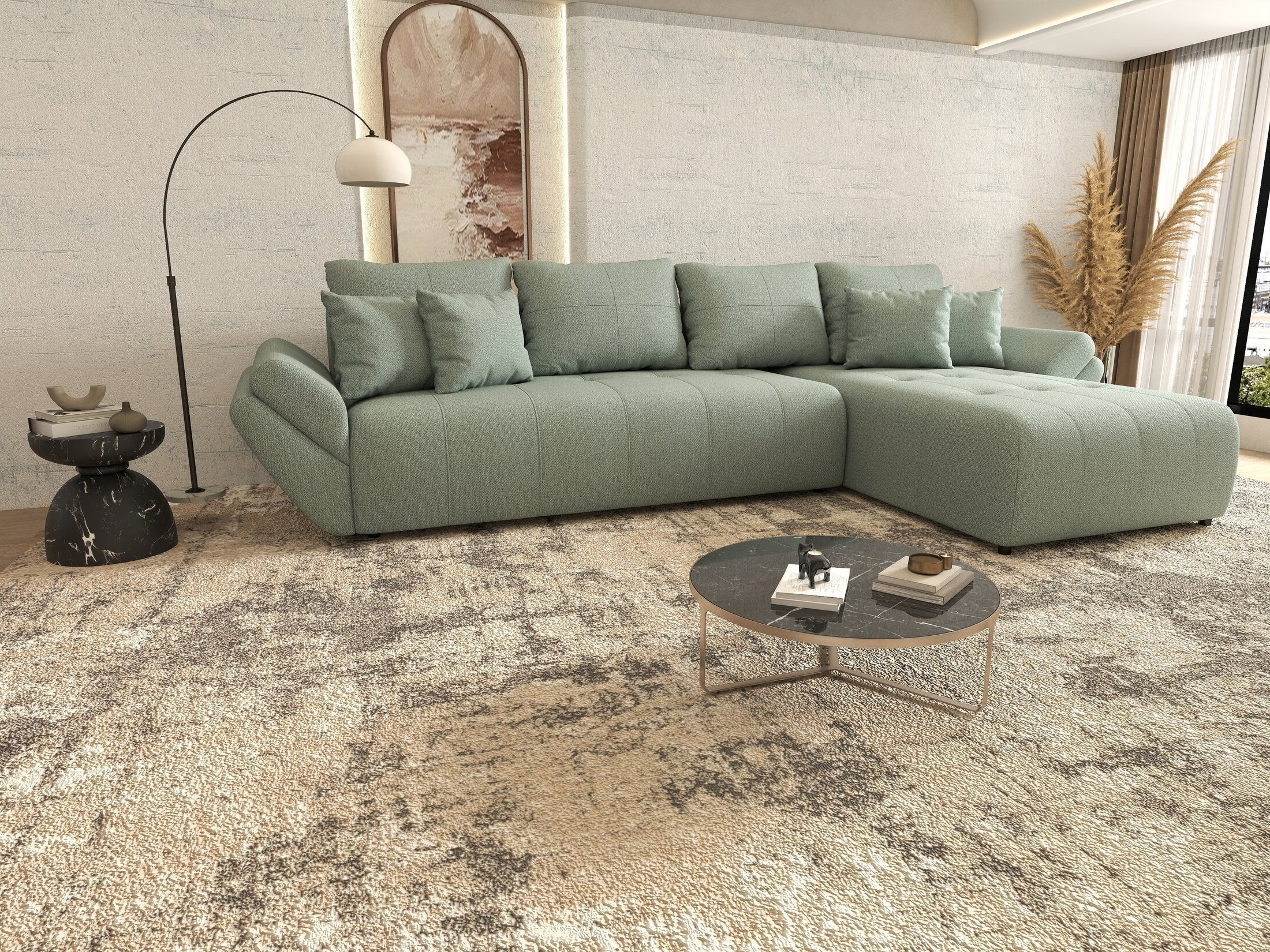 Colțar extensibil dumonde cu ladă de depozitare si sezut confortabil din spuma high-density, Berlin XL Enjoy Mint 350x185 cm II